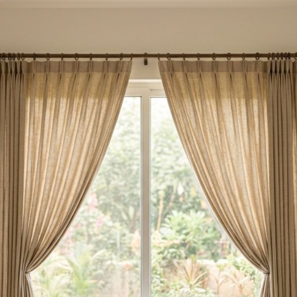 Beige sheer curtains hanging from a black curtain rod in front of a large window with natural daylight