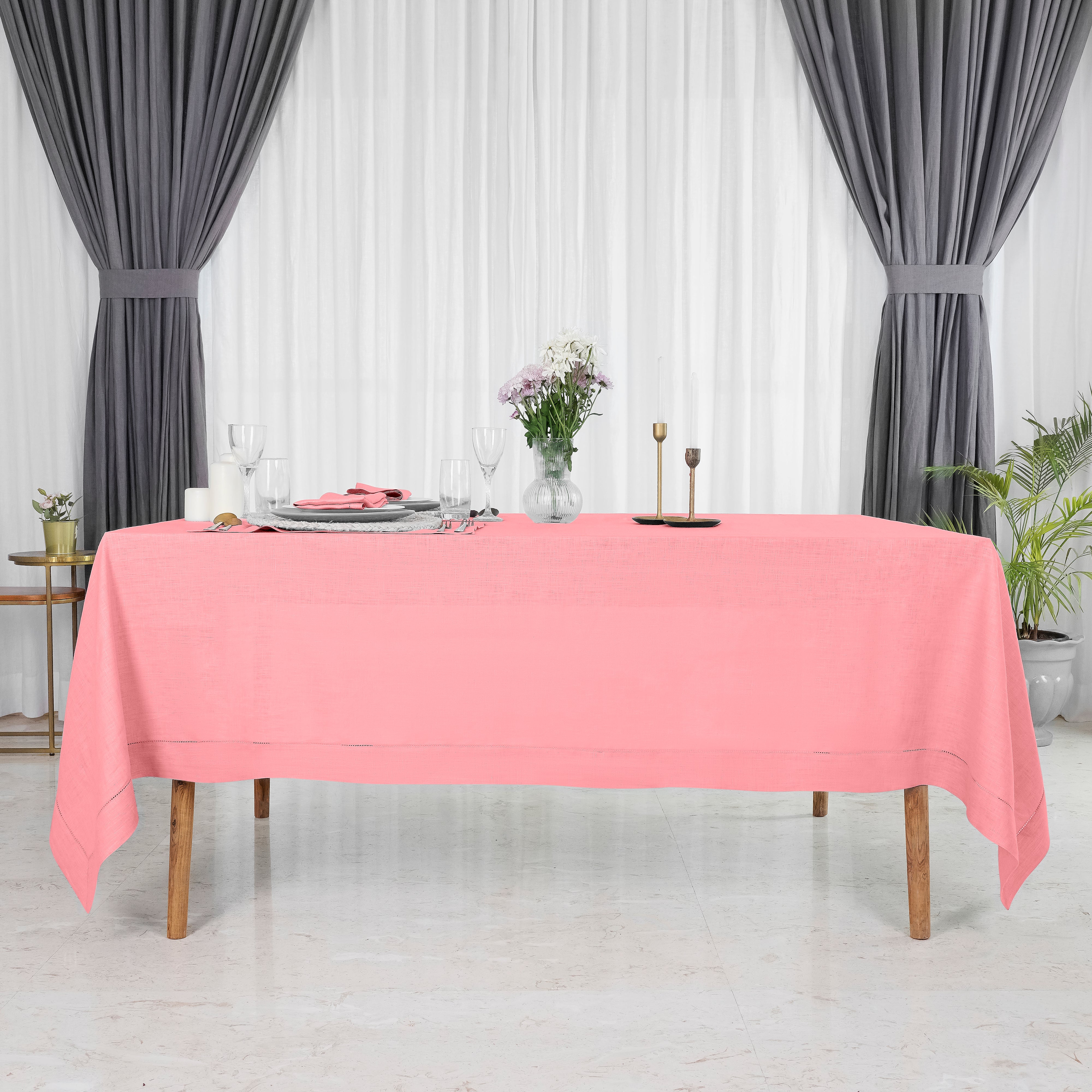 Dusty Pink Linen Tablecloth, Hemstitch
