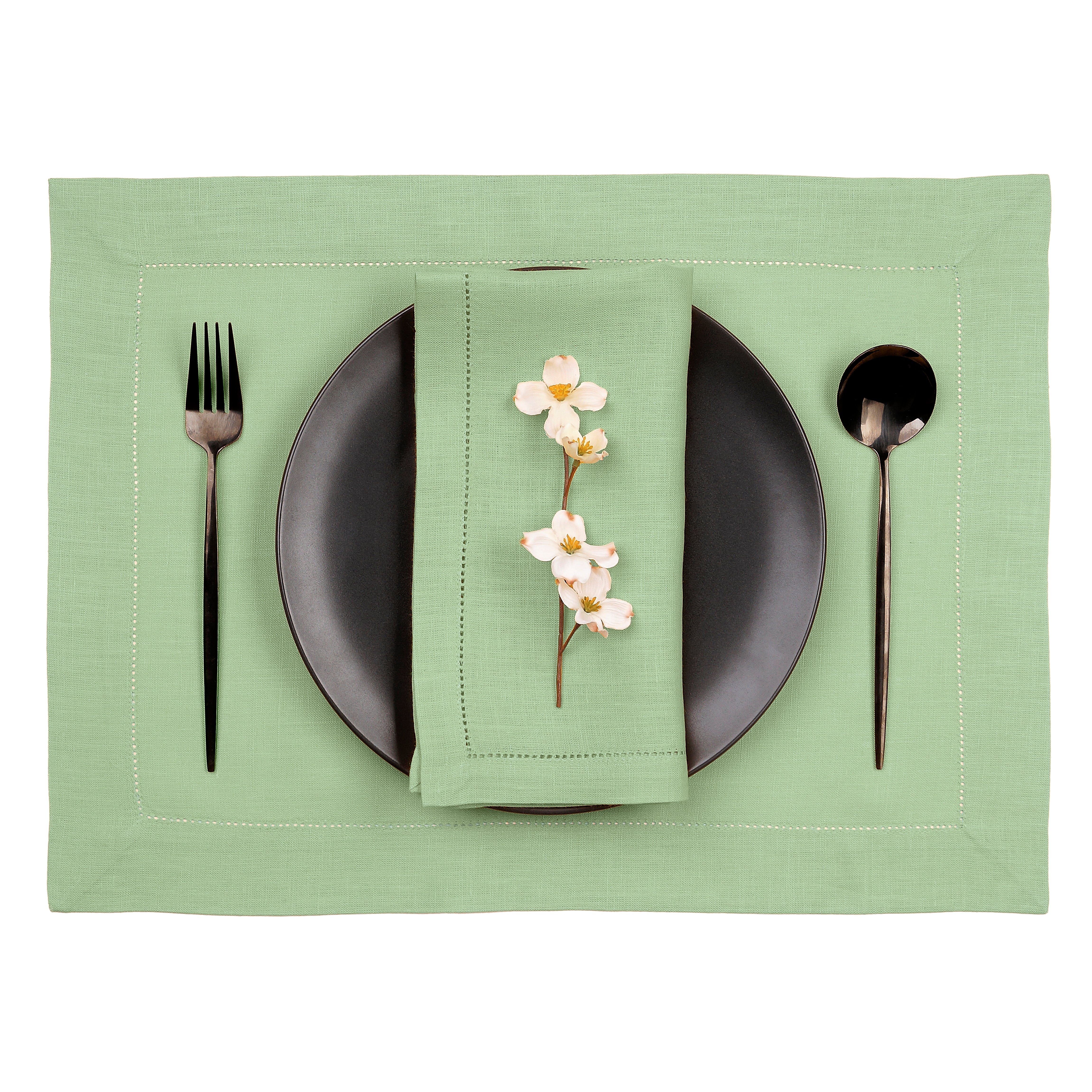 Sage Green Linen Placemats, Hemstitch, 14 x 19 inch, 4 pcs