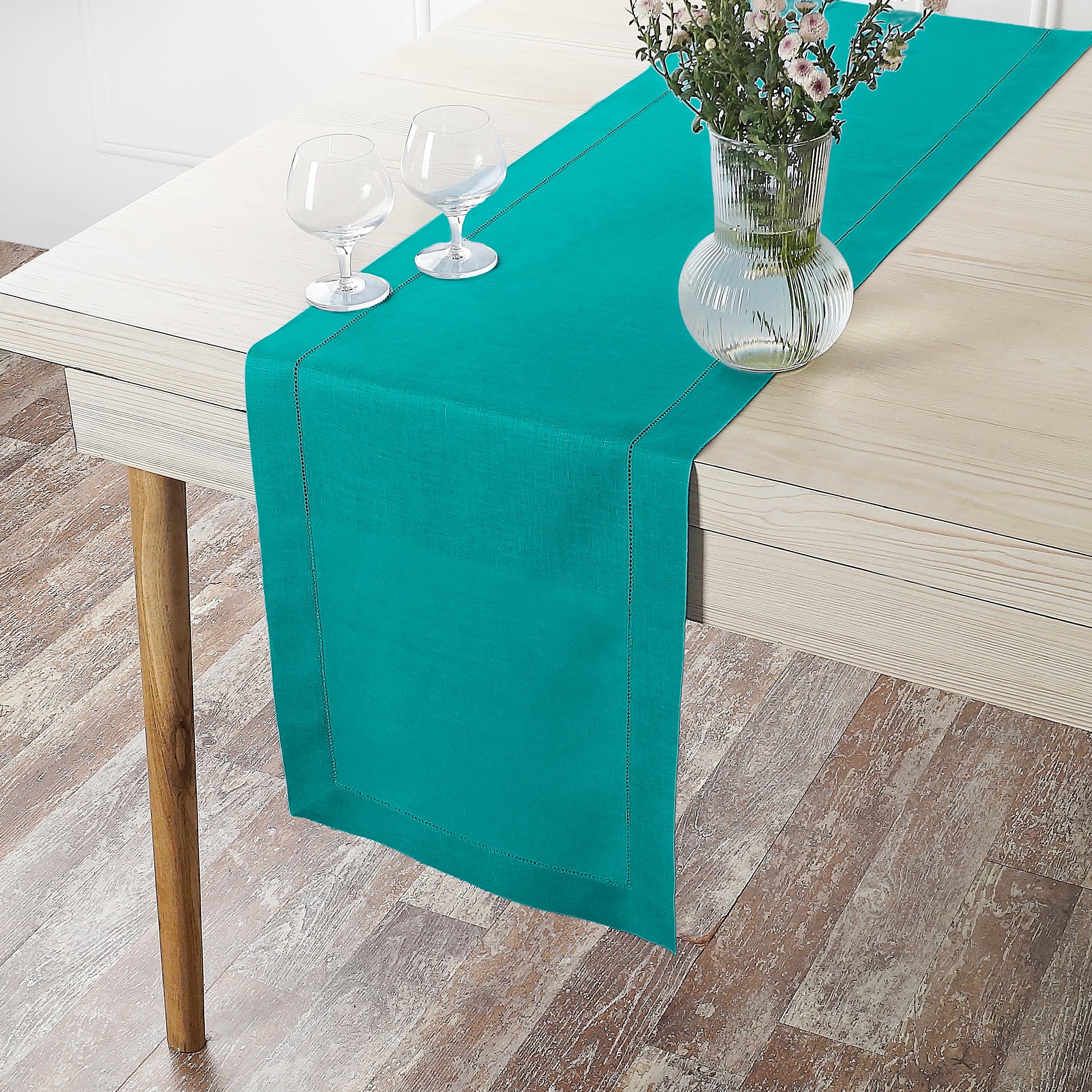 Teal Blue Linen Table Runner, Hemstitch