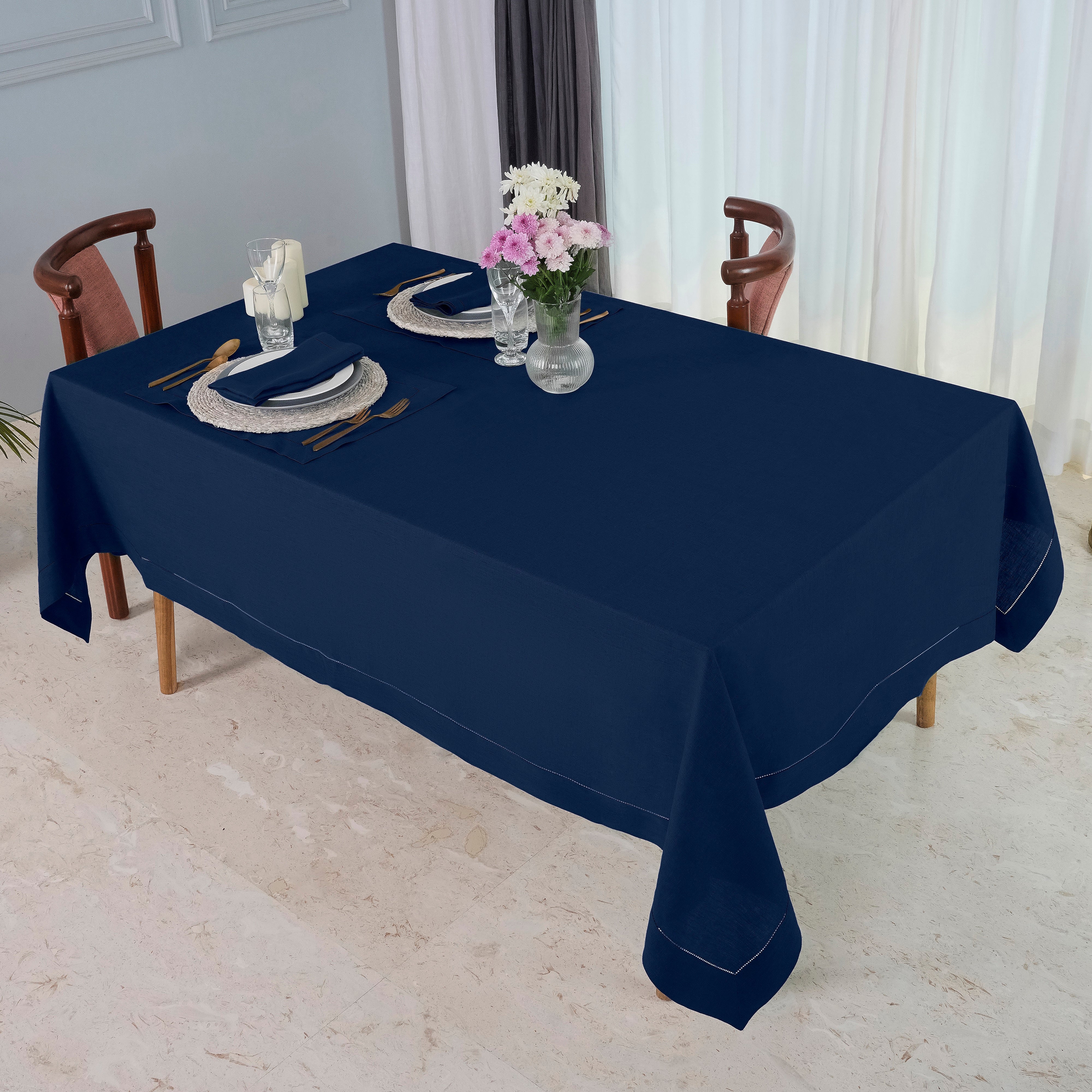 Navy Blue Linen Tablecloth, Hemstitch