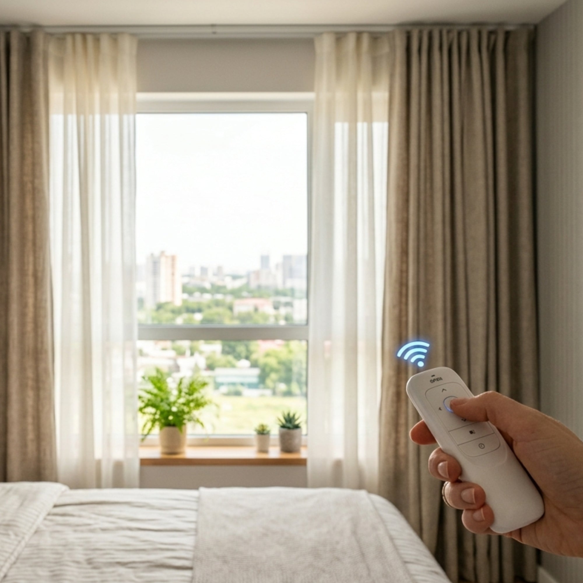 A hand holds a white remote control in a bedroom setting, with beige motorised curtains, a bed, and a window showing a city view in the background.
