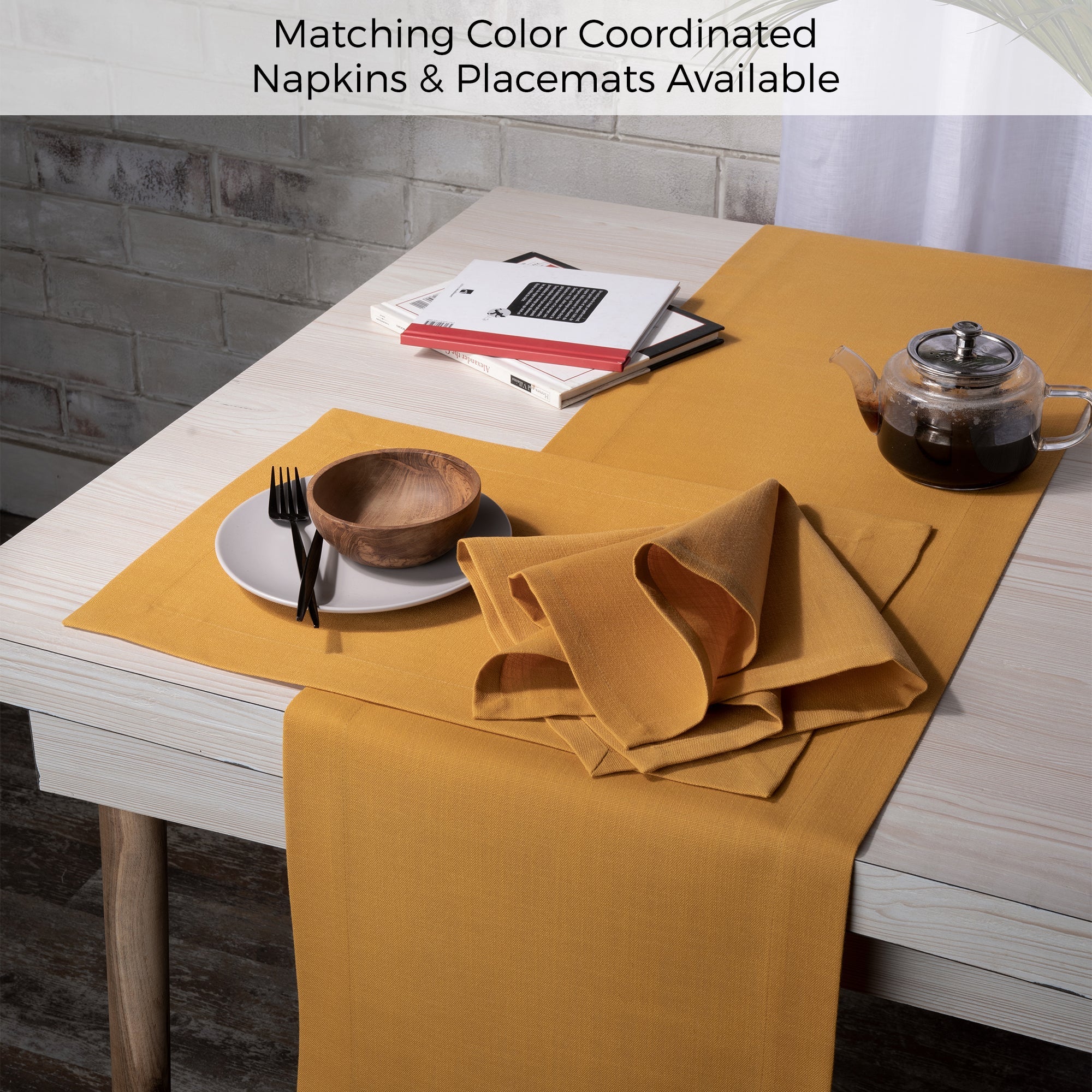 Mustard Table Runner, Faux Linen, Mitered Corner