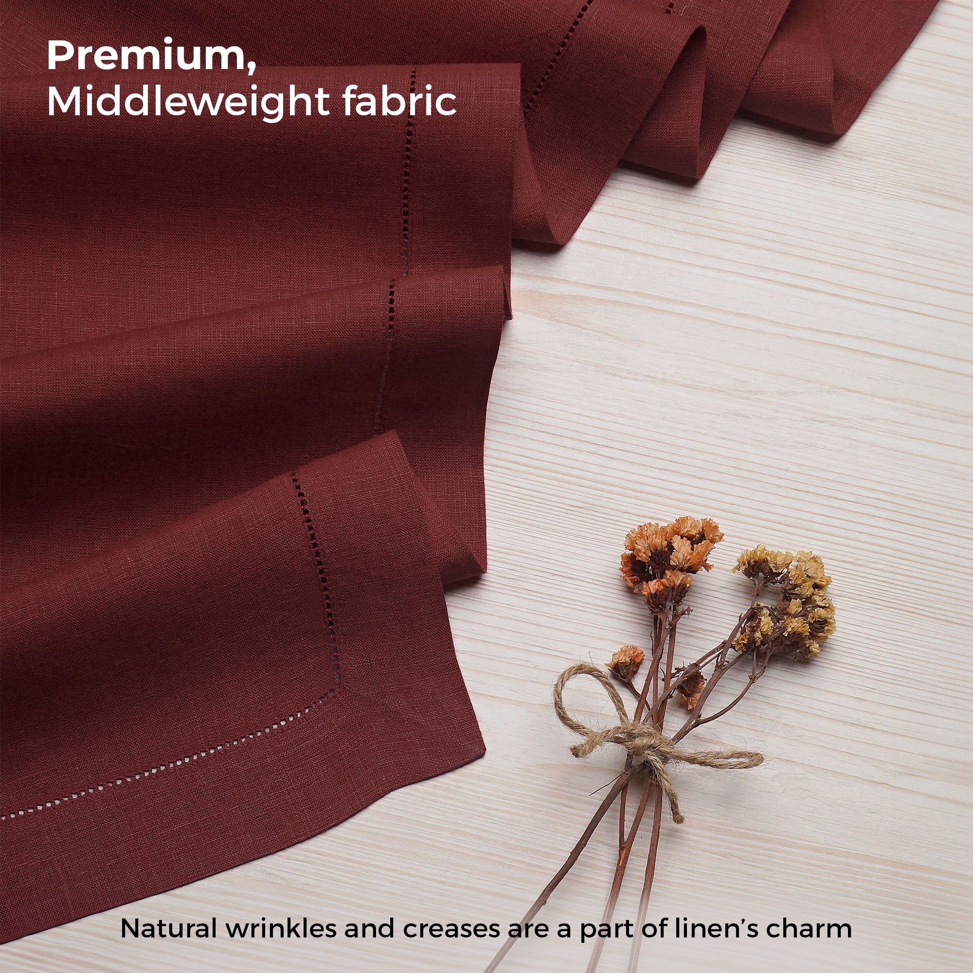 Dark Red Linen Table Runner, Hemstitch