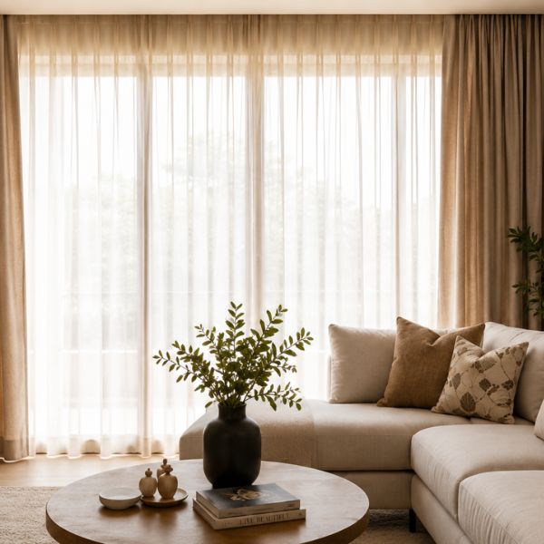 Living room with layered beige linen sheer curtains and brown linen drapes framing a large window with natural light