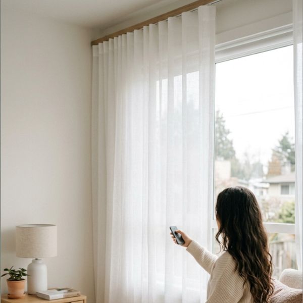 A women with a remote in her hand showing motoeised curtain in the background