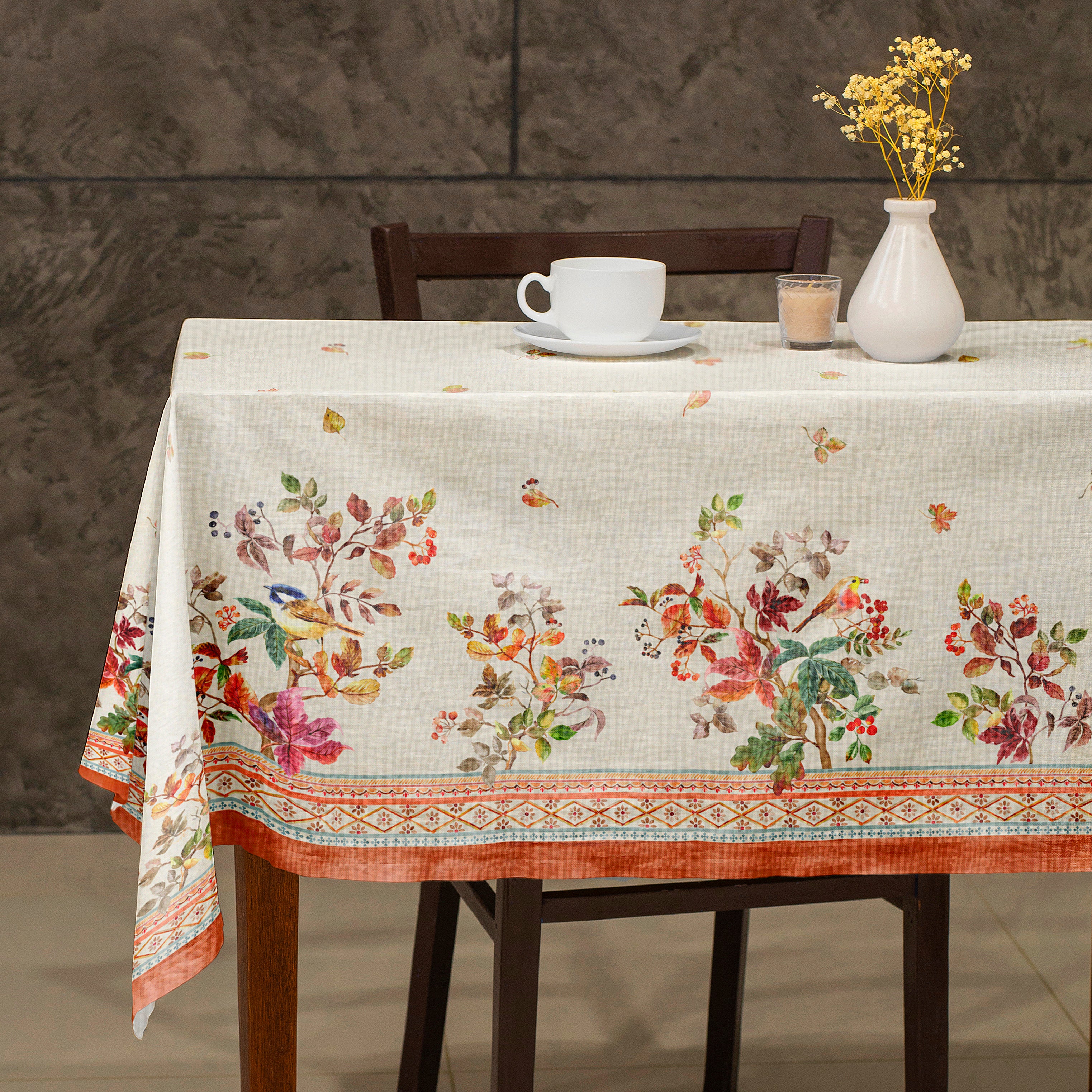 Autumn Songbirds Tablecloth - Fall Leaves and Birds Design, Table Cover for Autumn Gatherings