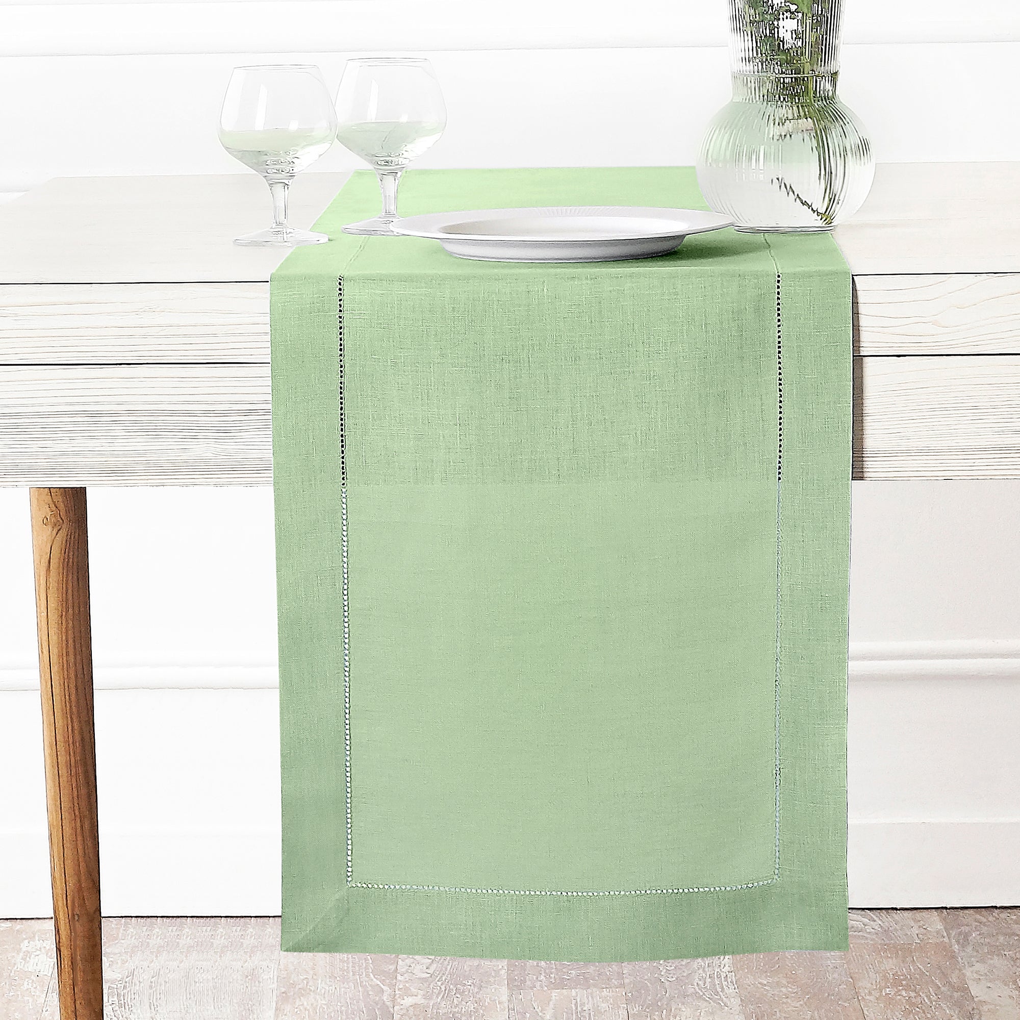 Sage Green Linen Table Runner, Hemstitch