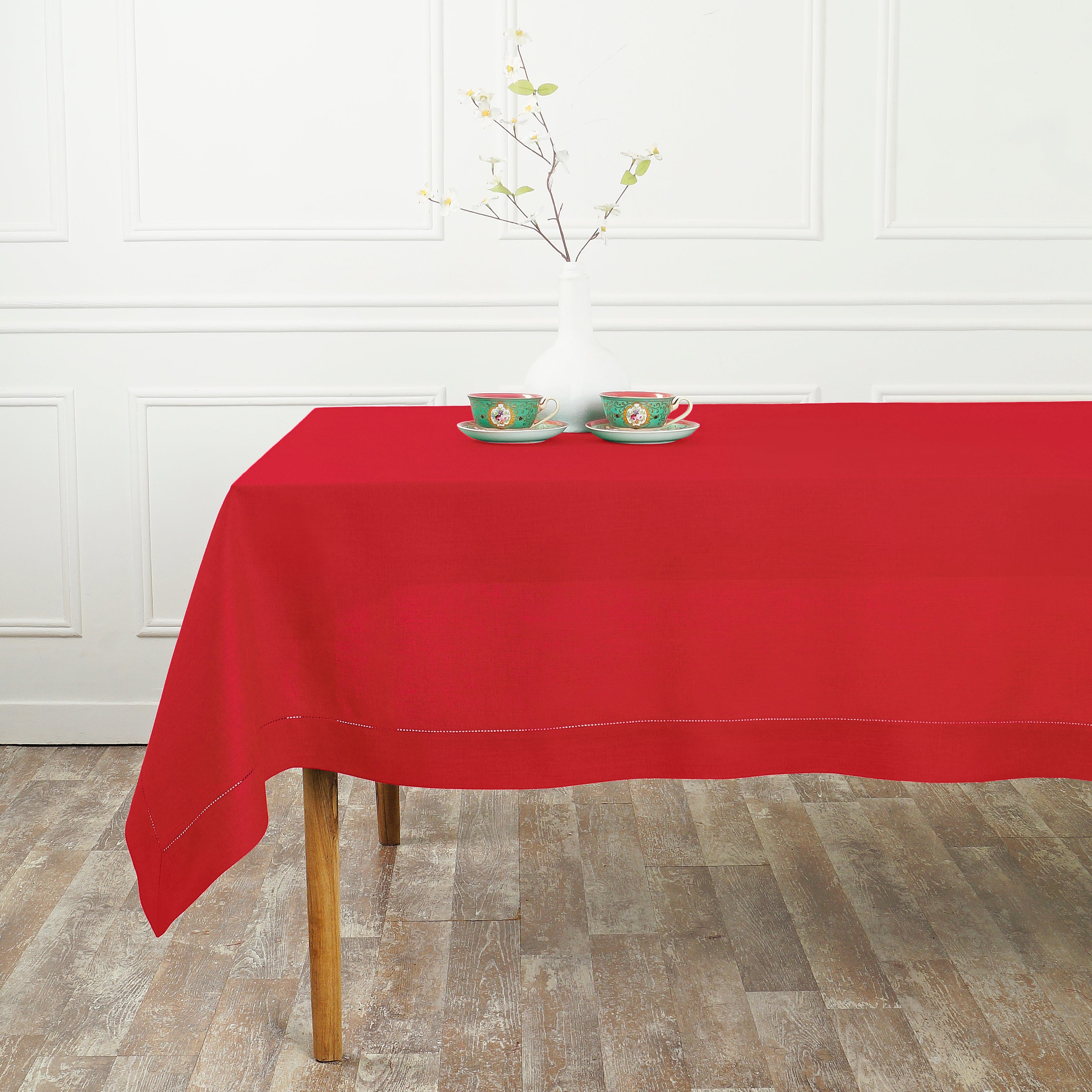 Bright Red Linen Tablecloth, Hemstitch