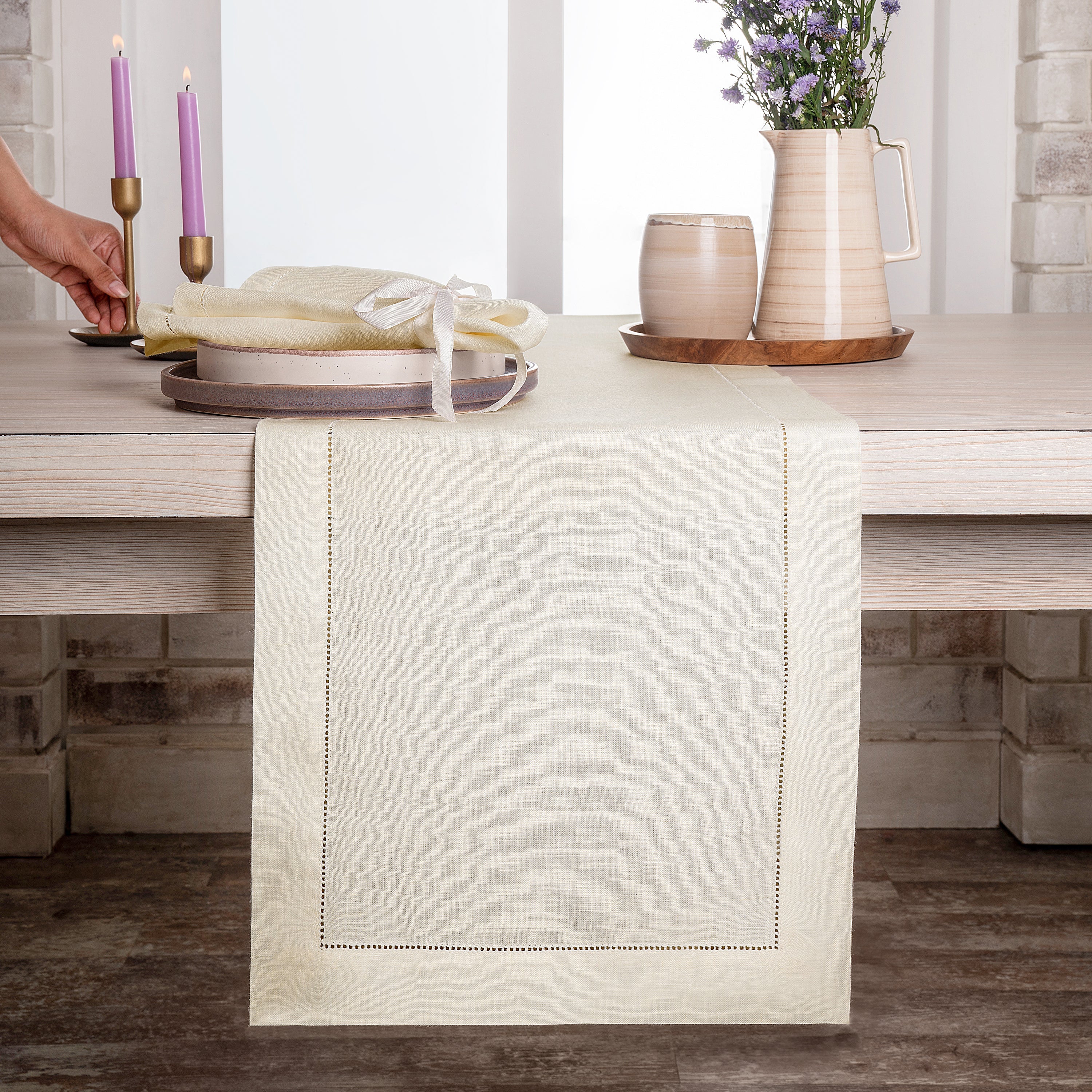 Ivory Linen Table Runner, Hemstitch