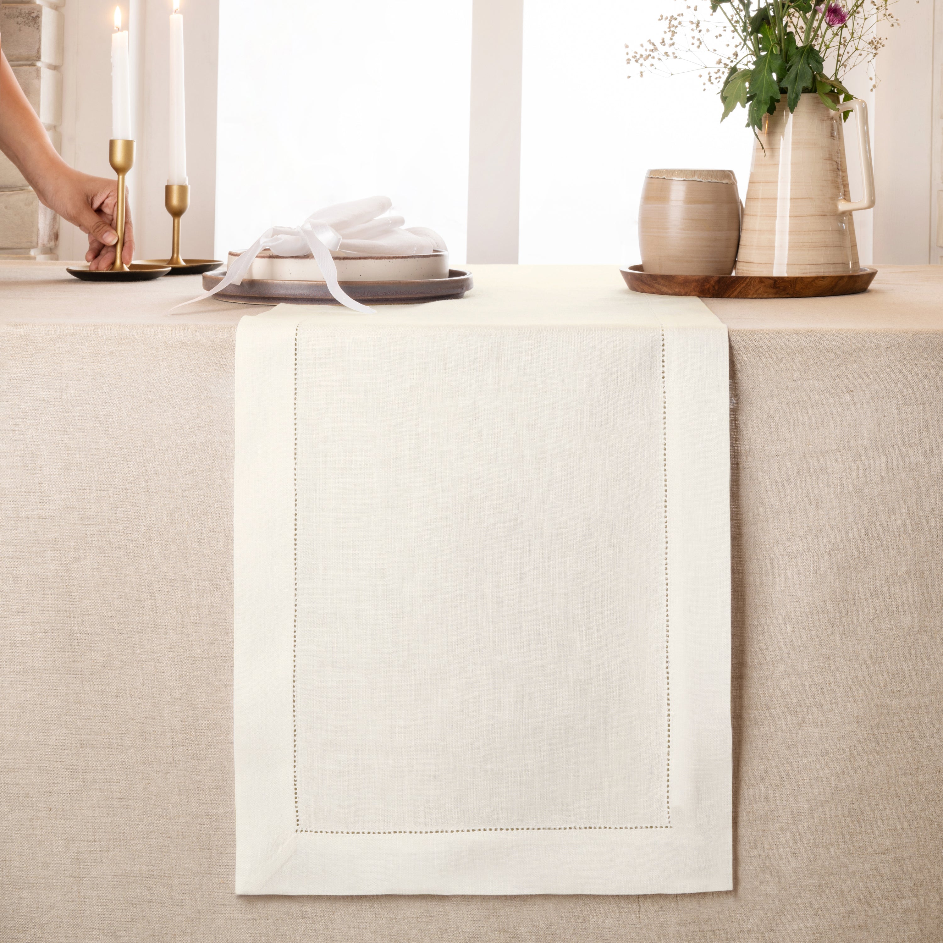 Ivory Linen Table Runner, Hemstitch