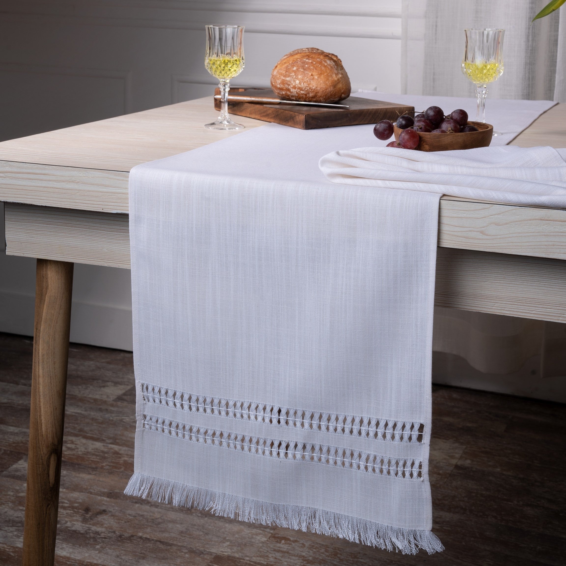 Chambray Cream & White Table Runner, Faux Linen, Hand Hemstitch