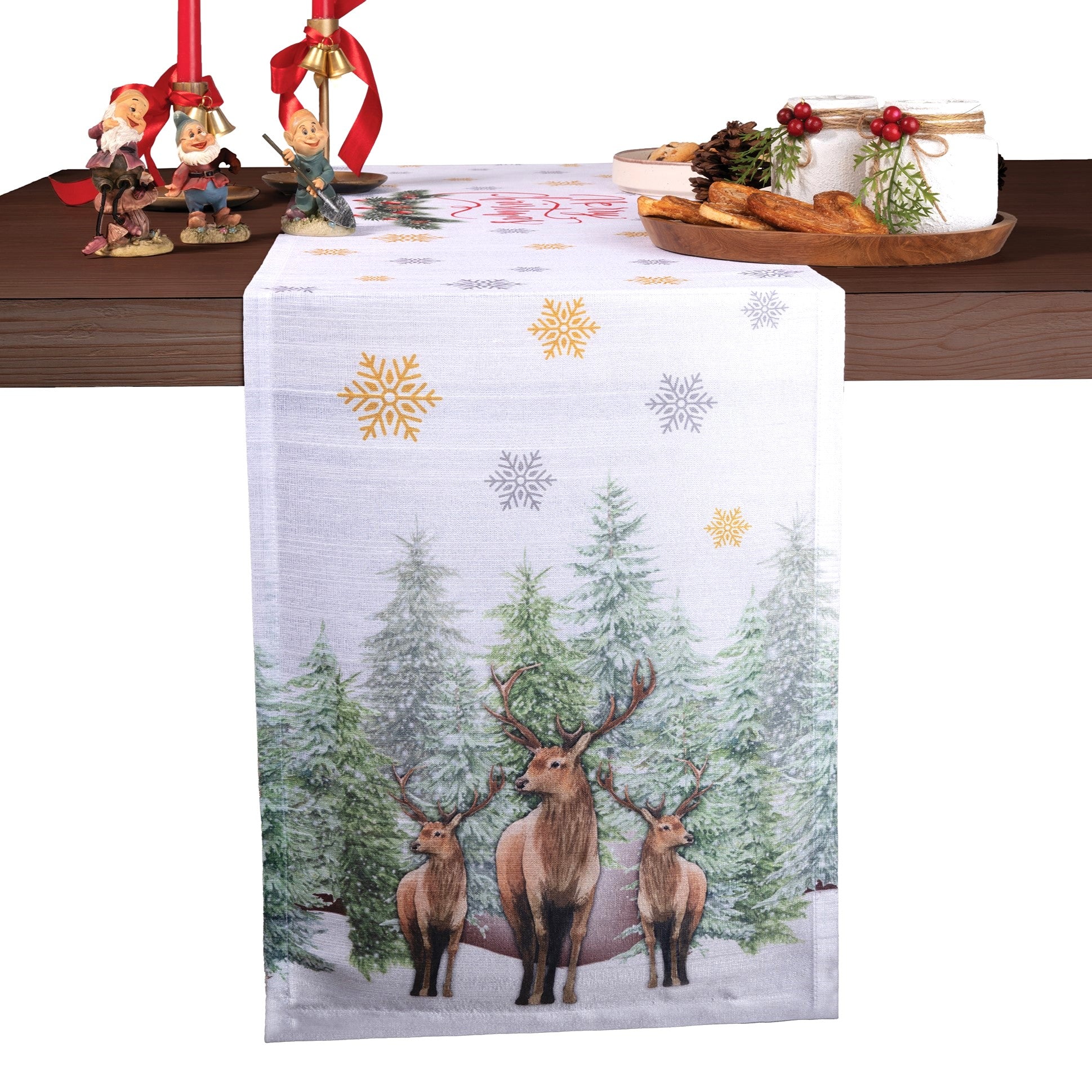 Reindeer & Pine Tree Vegan Silk Table Runner - Christmas Print