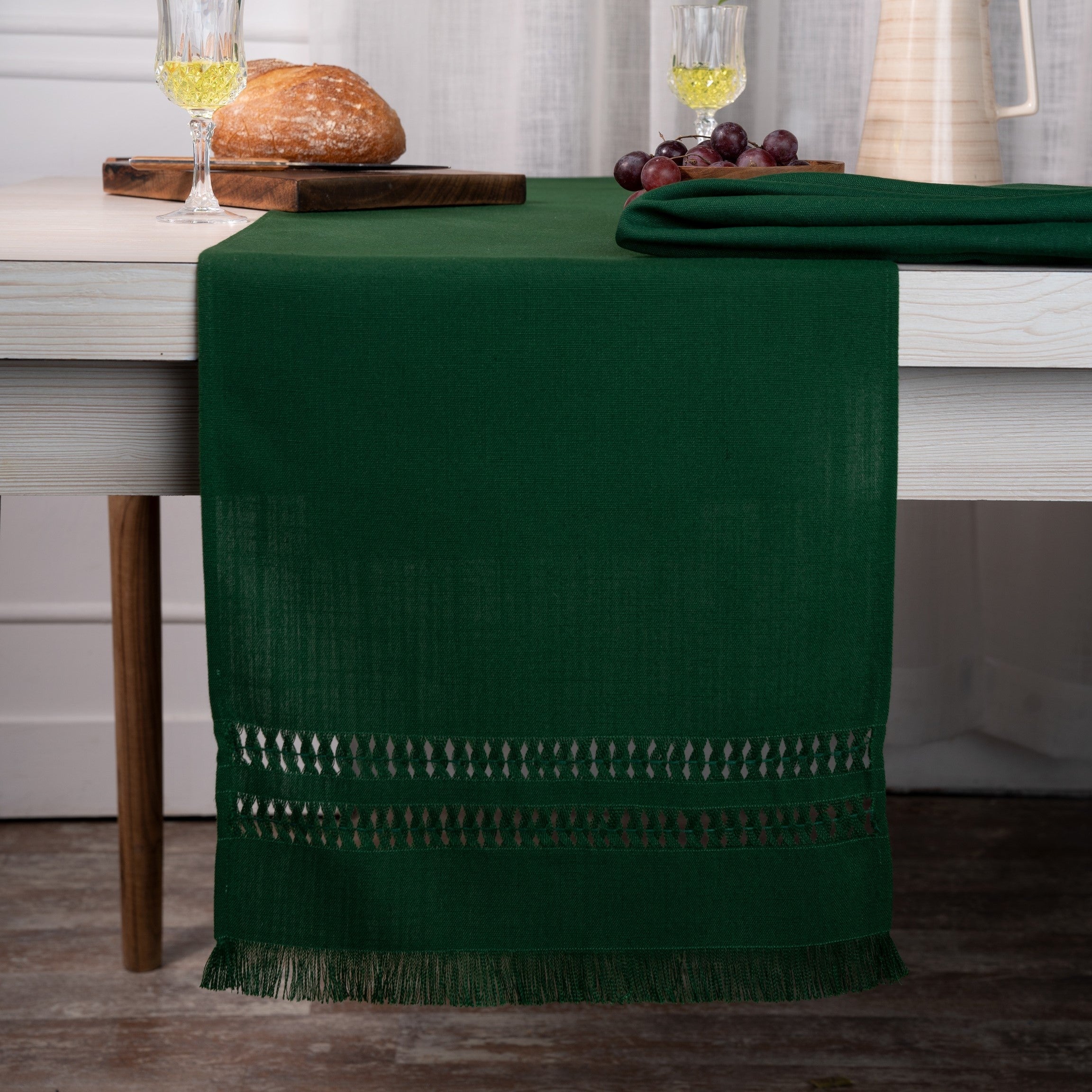 Eden Green Table Runner, Faux Linen, Hand Hemstitch