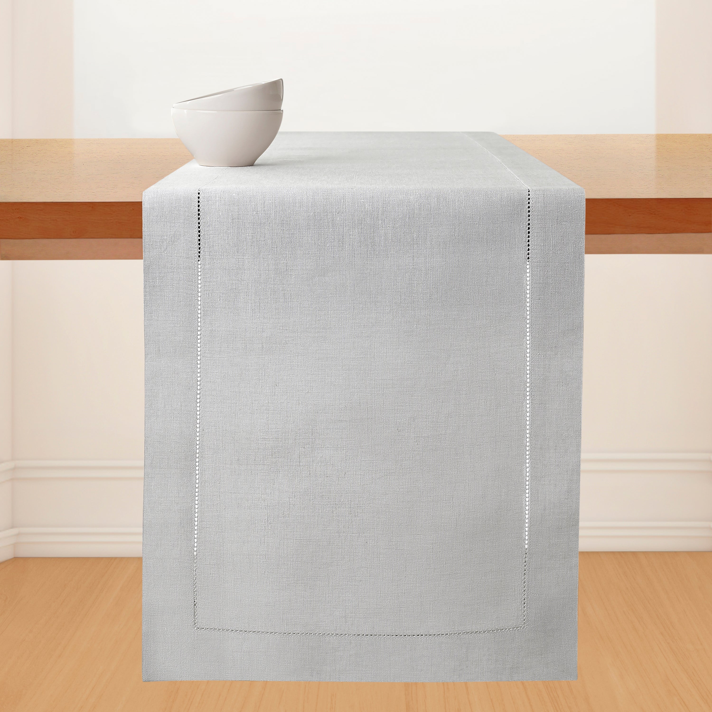 Silver Grey Linen Table Runner, Hemstitch