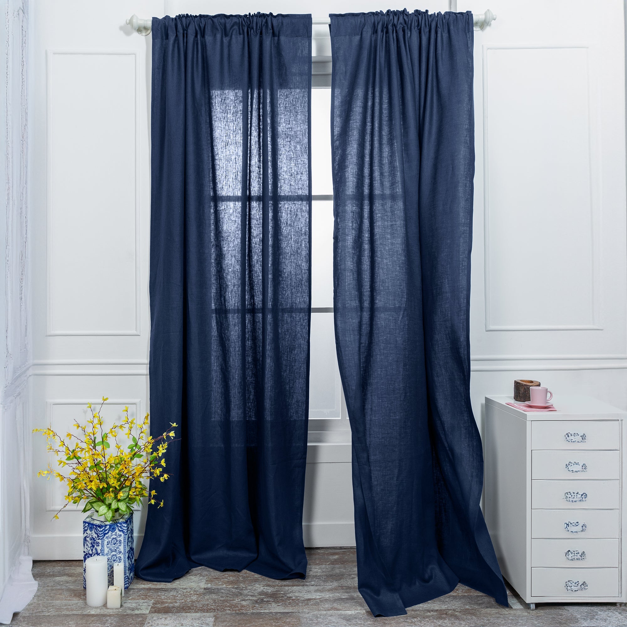 Navy Blue Linen Curtain | Set of 2