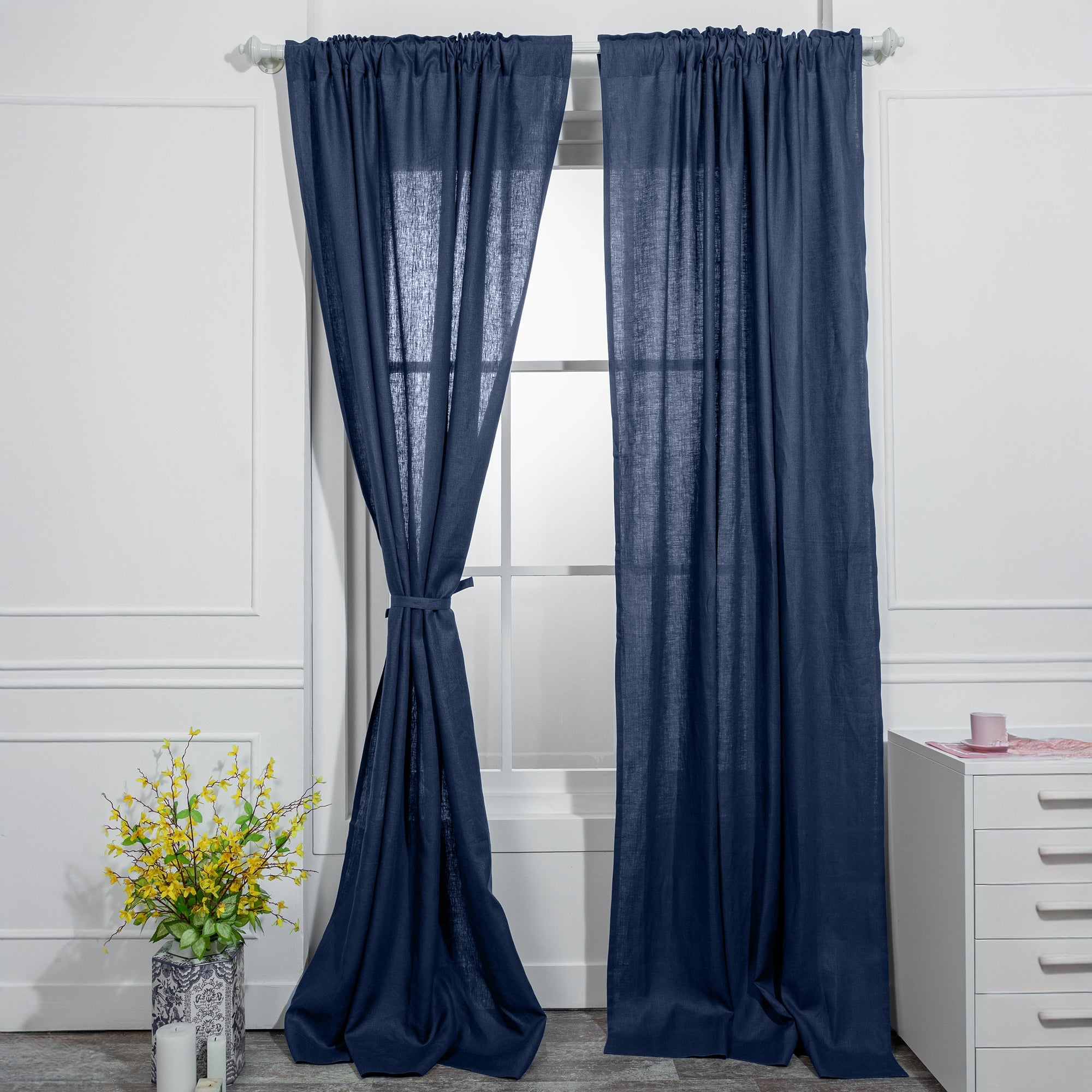 Navy Blue Linen Curtain | Set of 2