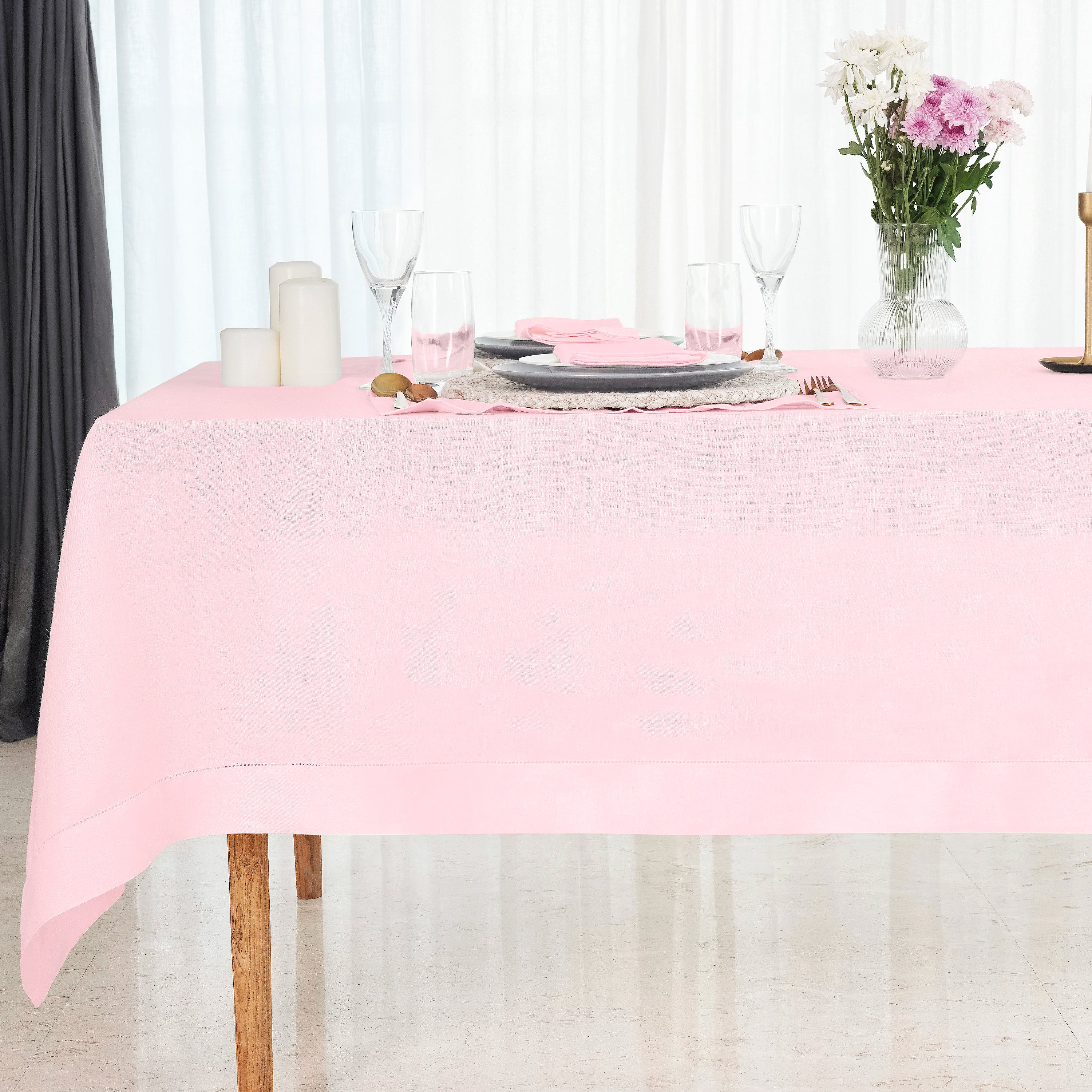 Pastel Pink Linen Tablecloth, Hemstitch