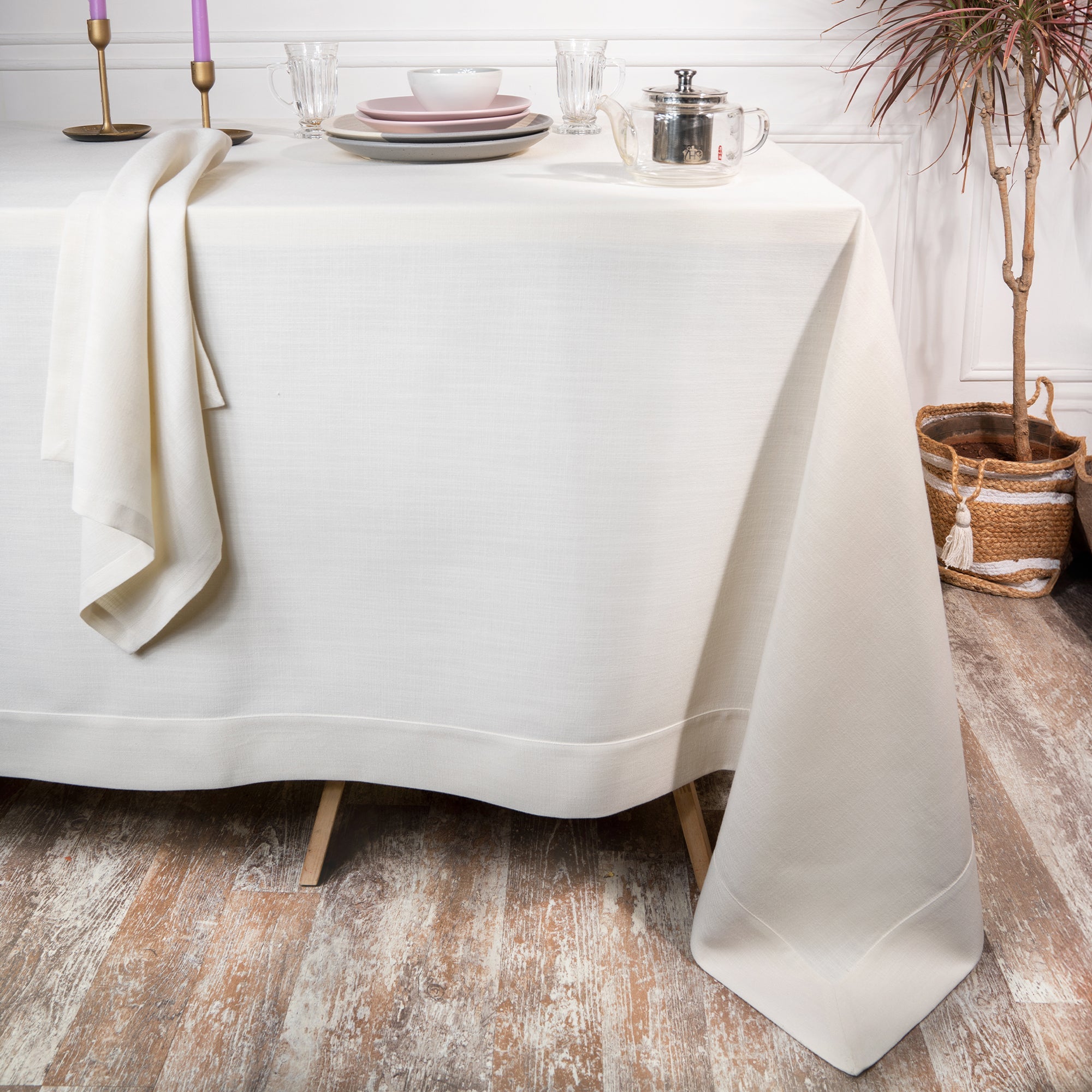 Ivory Tablecloth, Faux Linen, Mitered Corner