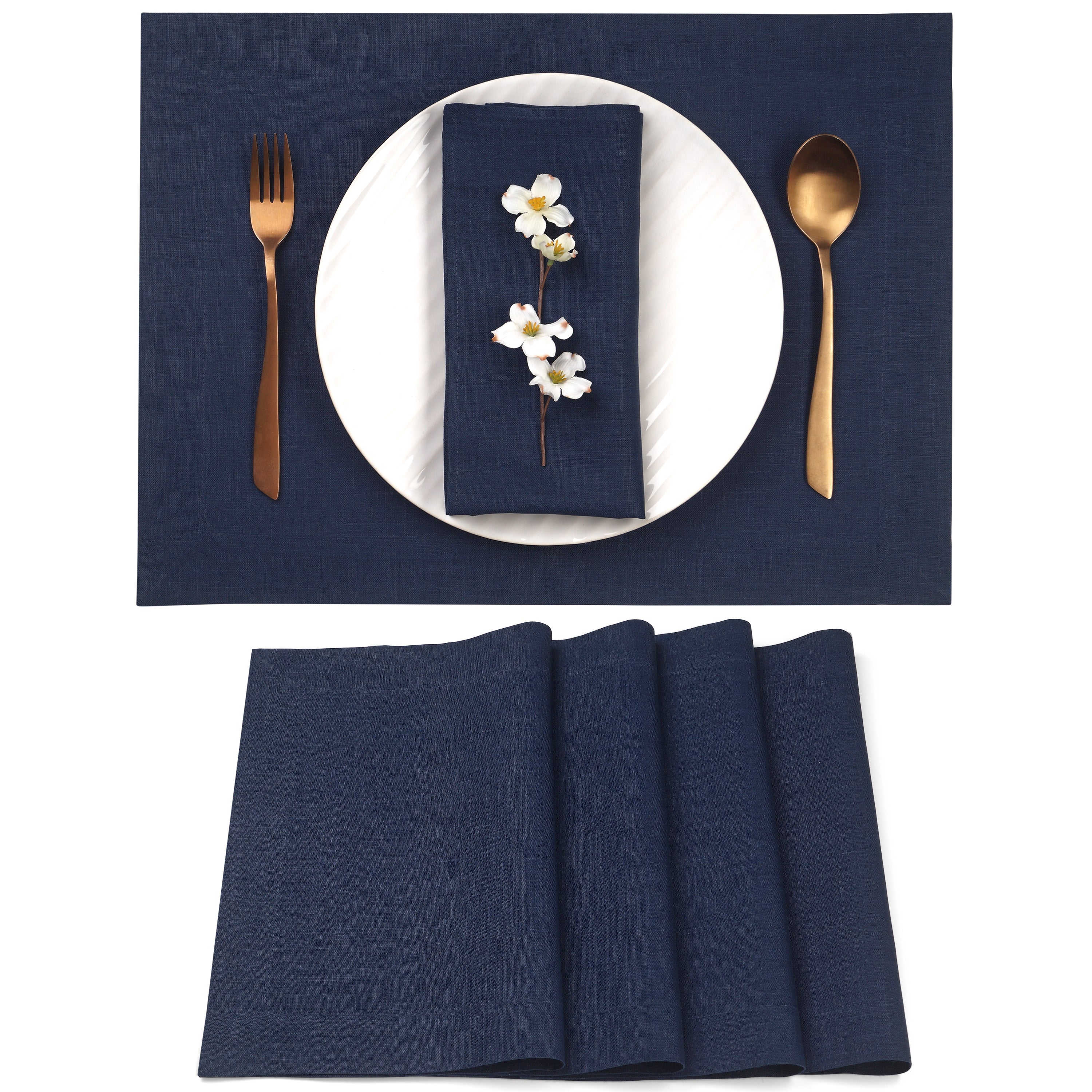 Navy Blue Linen Placemats, Hemmed, 14 x 19 inch, 4 pcs