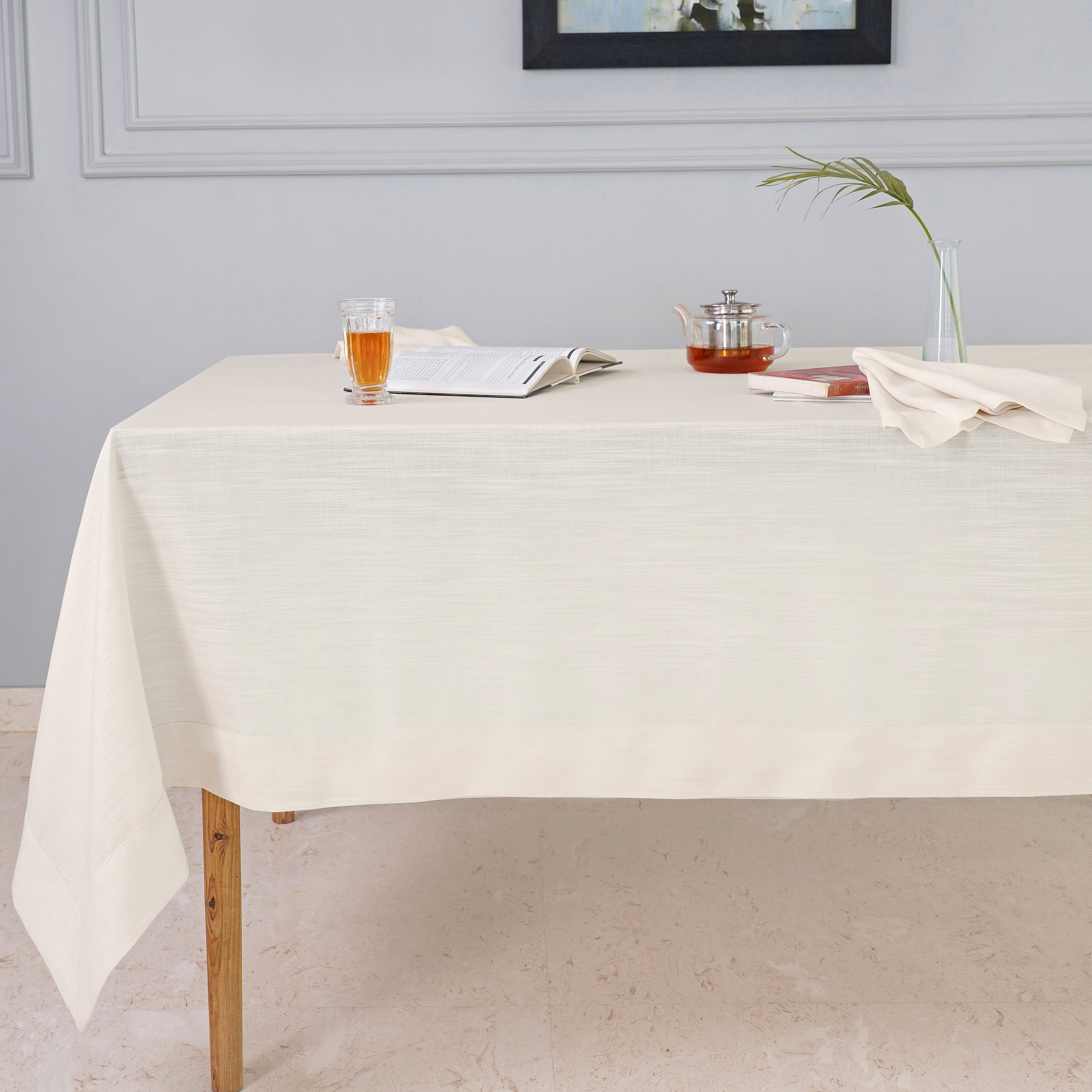 Ivory Tablecloth, Faux Linen, Mitered Corner