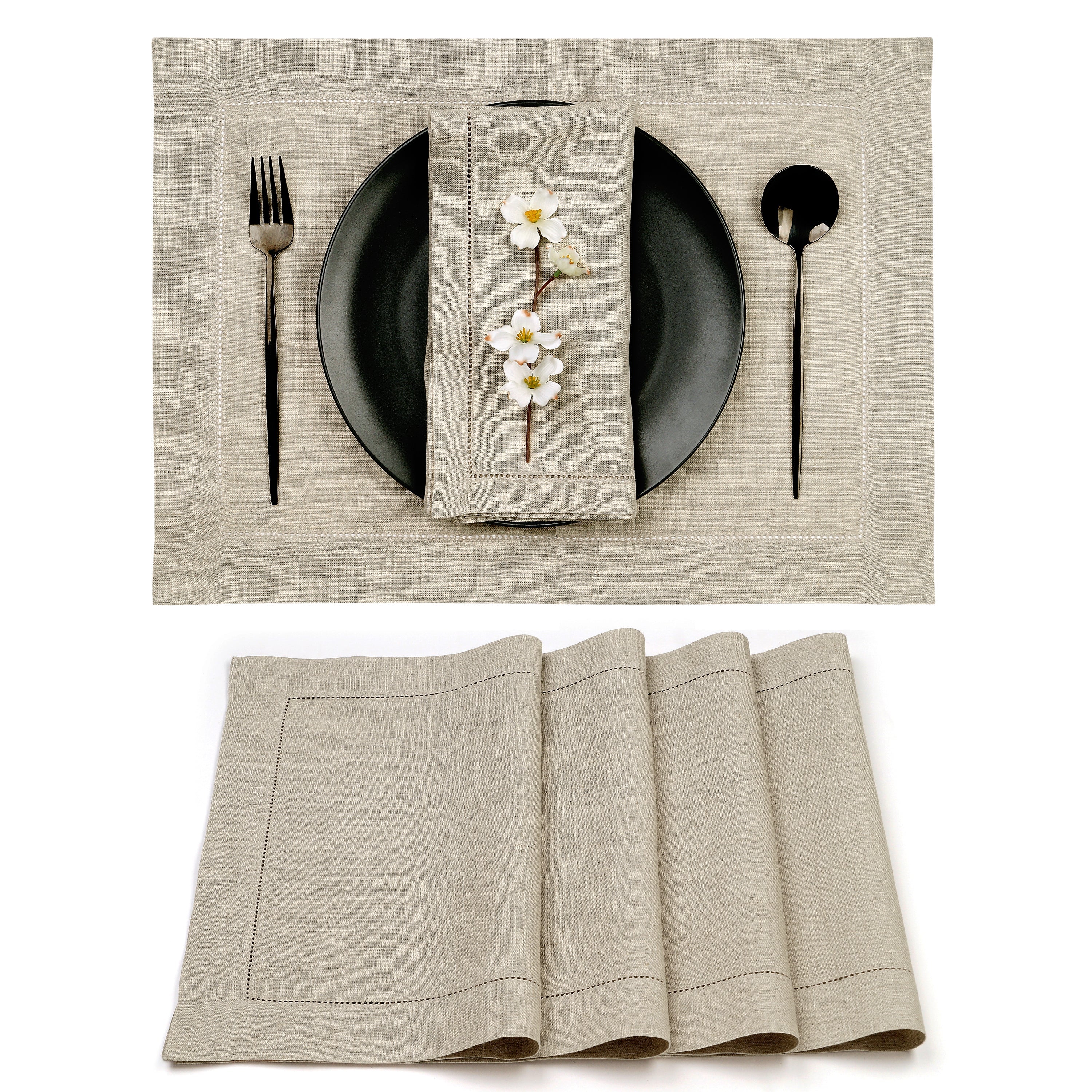 Natural Linen Placemats, Hemstitch, 14 x 19 inch, 4 pcs