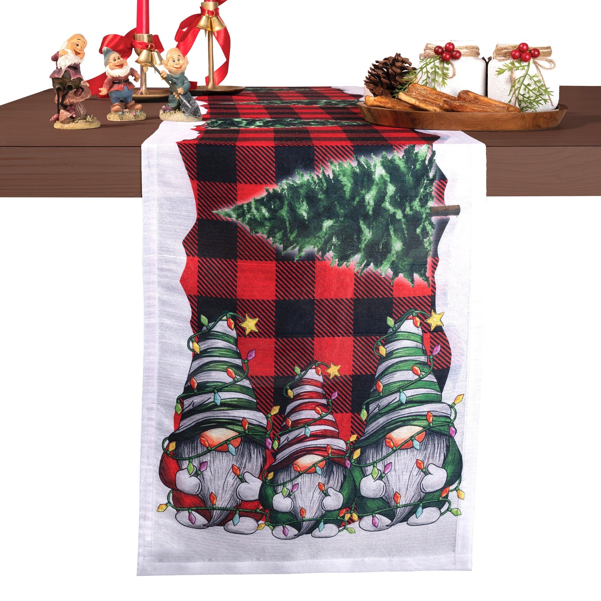 Gnomes Plaid Vegan Silk Table Runner - Christmas Print