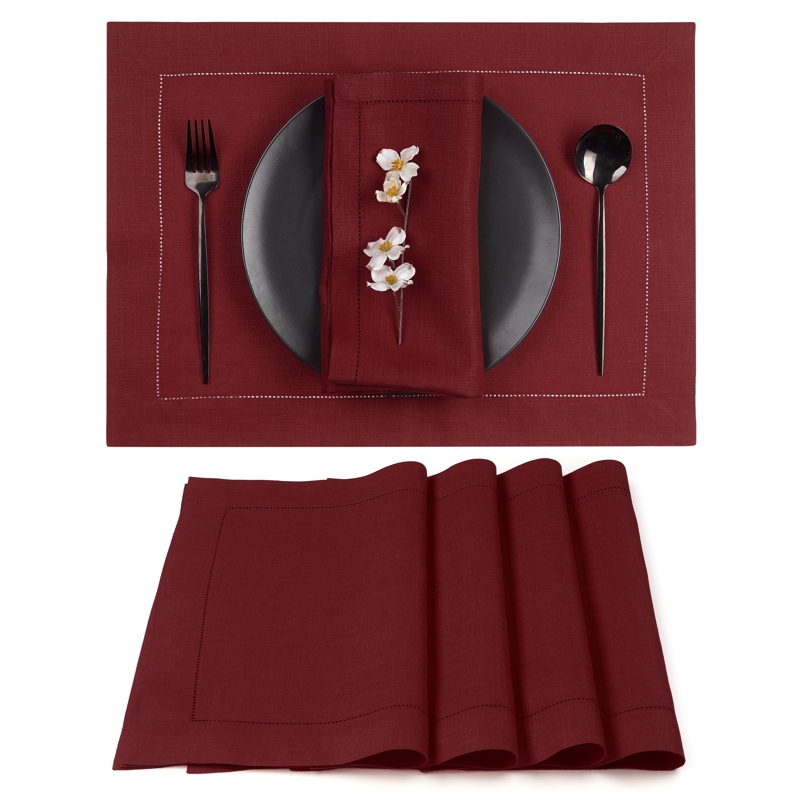 Dark Red Linen Placemats, Hemstitch, 14 x 19 inch, 4 pcs