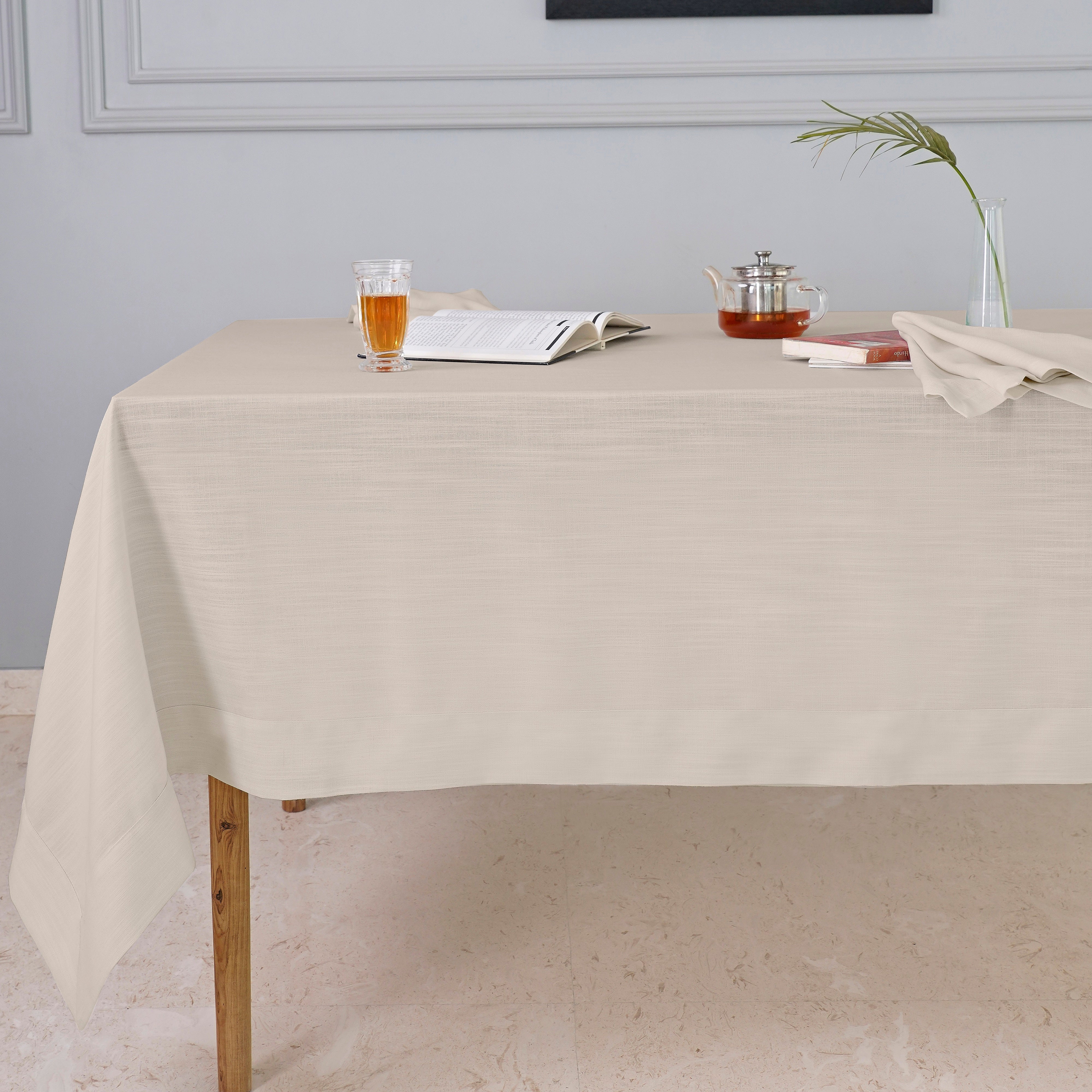 Natural Tablecloth, Faux Linen, Mitered Corner