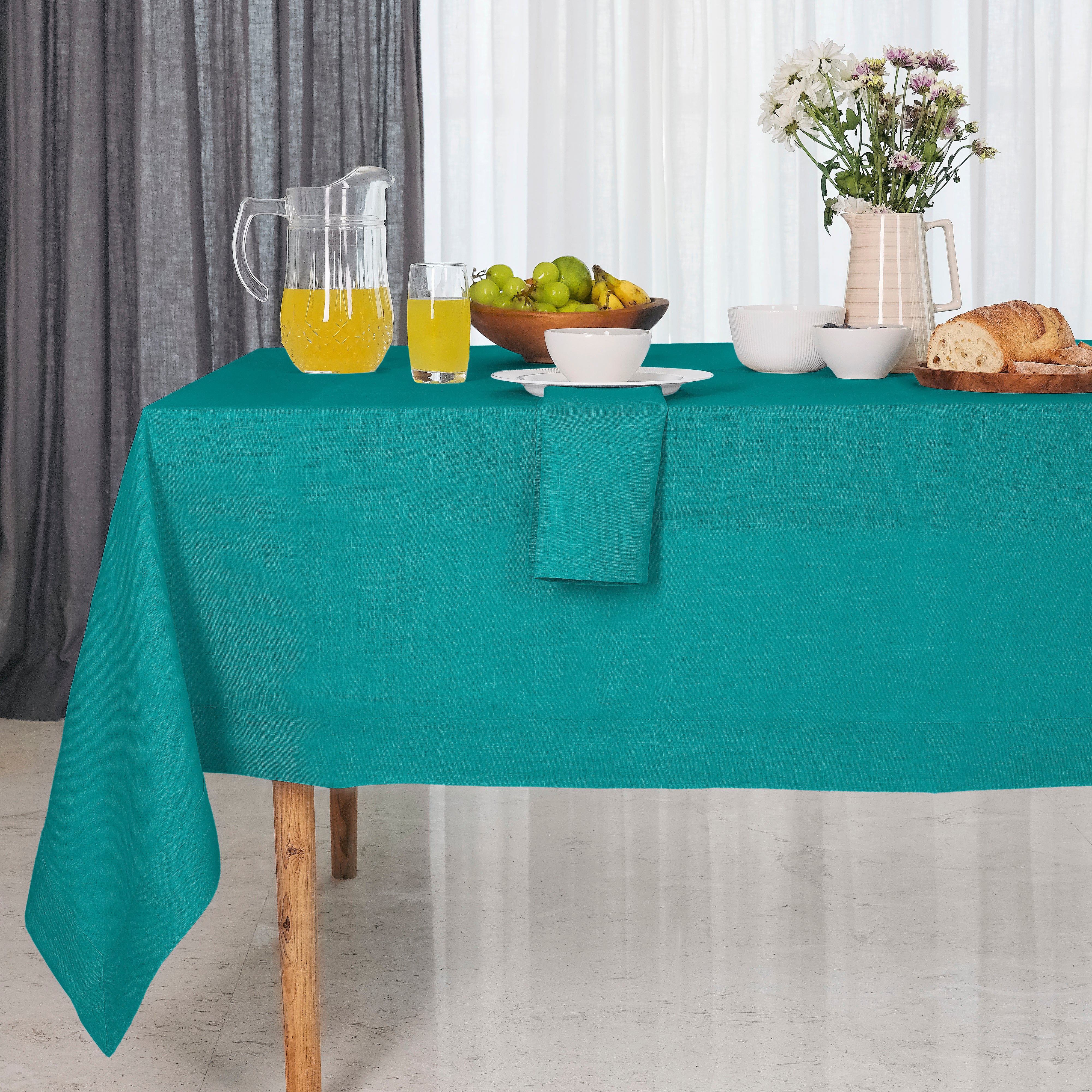 Teal Blue Linen Tablecloth, Hemmed