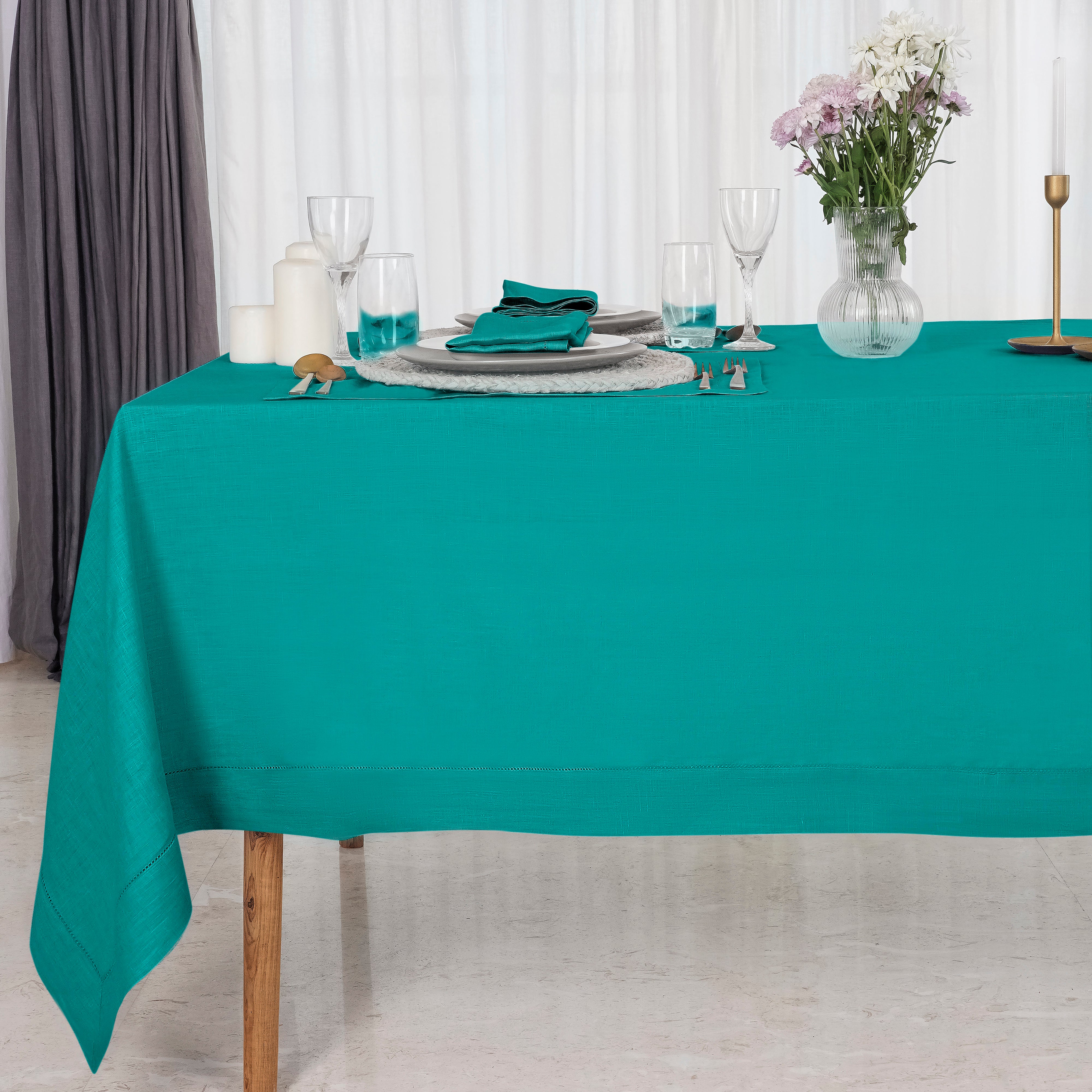 Teal Blue Linen Tablecloth, Hemstitch