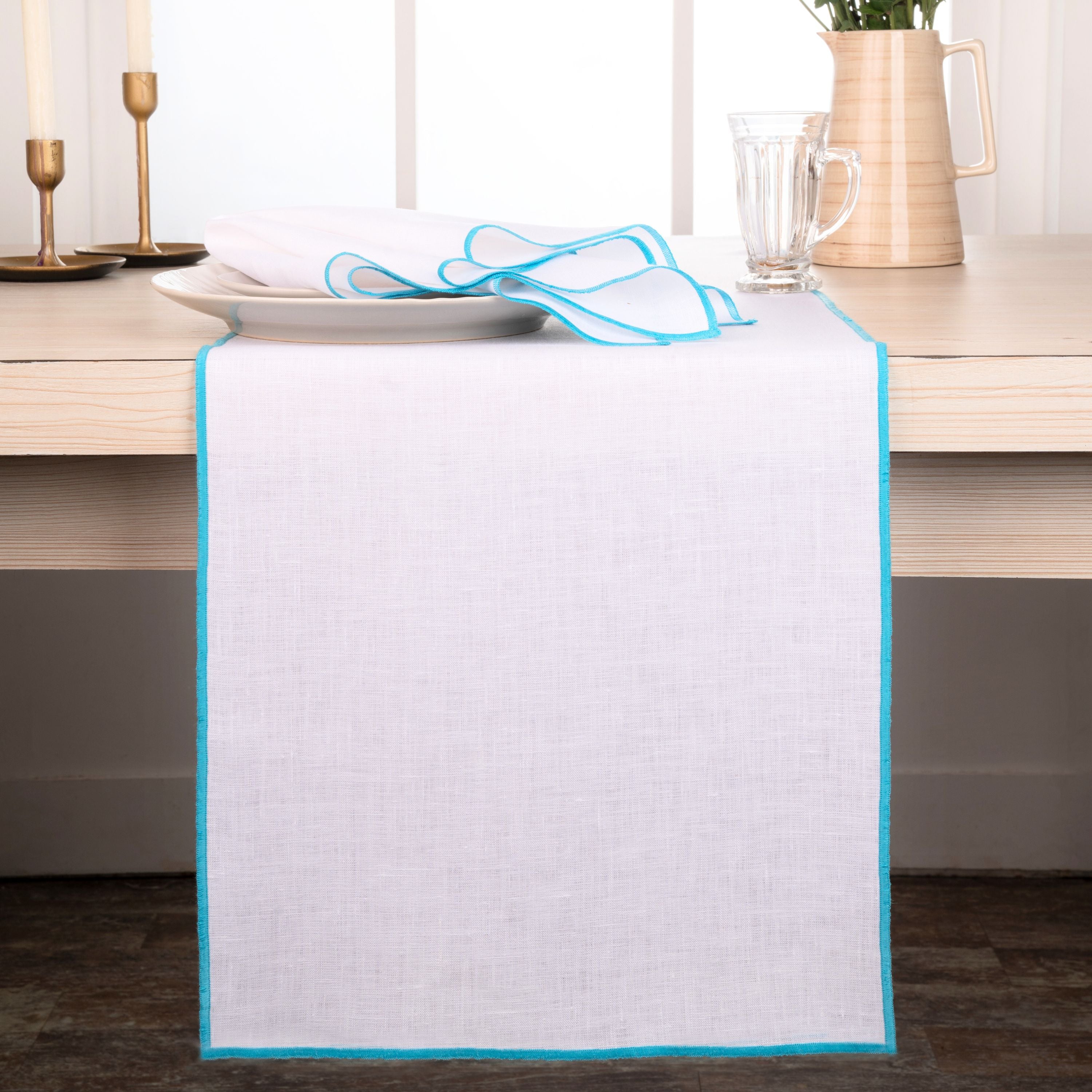 White and Blue Linen Table Runner, Marrow Edge