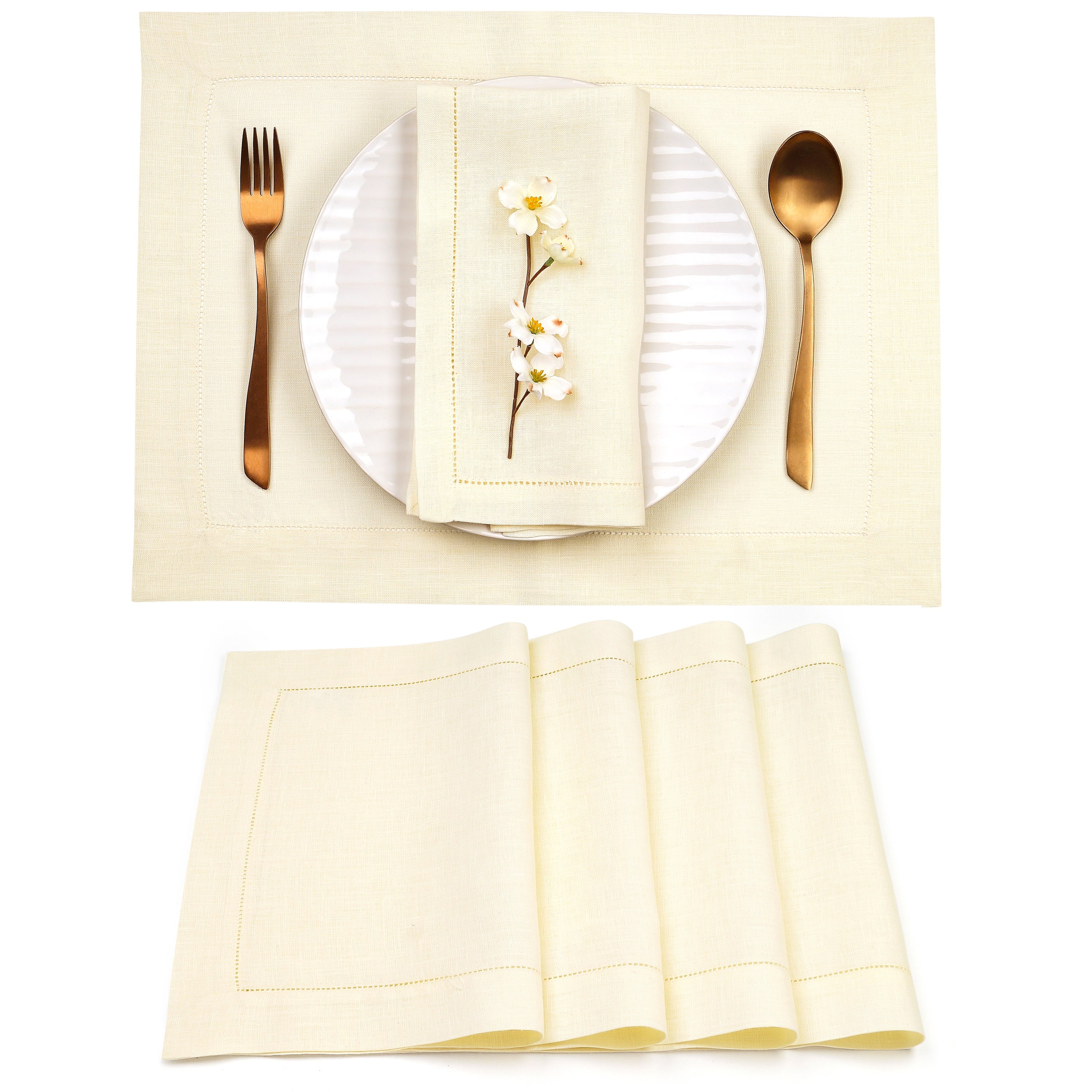 Cream Linen Placemats, Hemstitch, 14 x 19 inch, 4 pcs