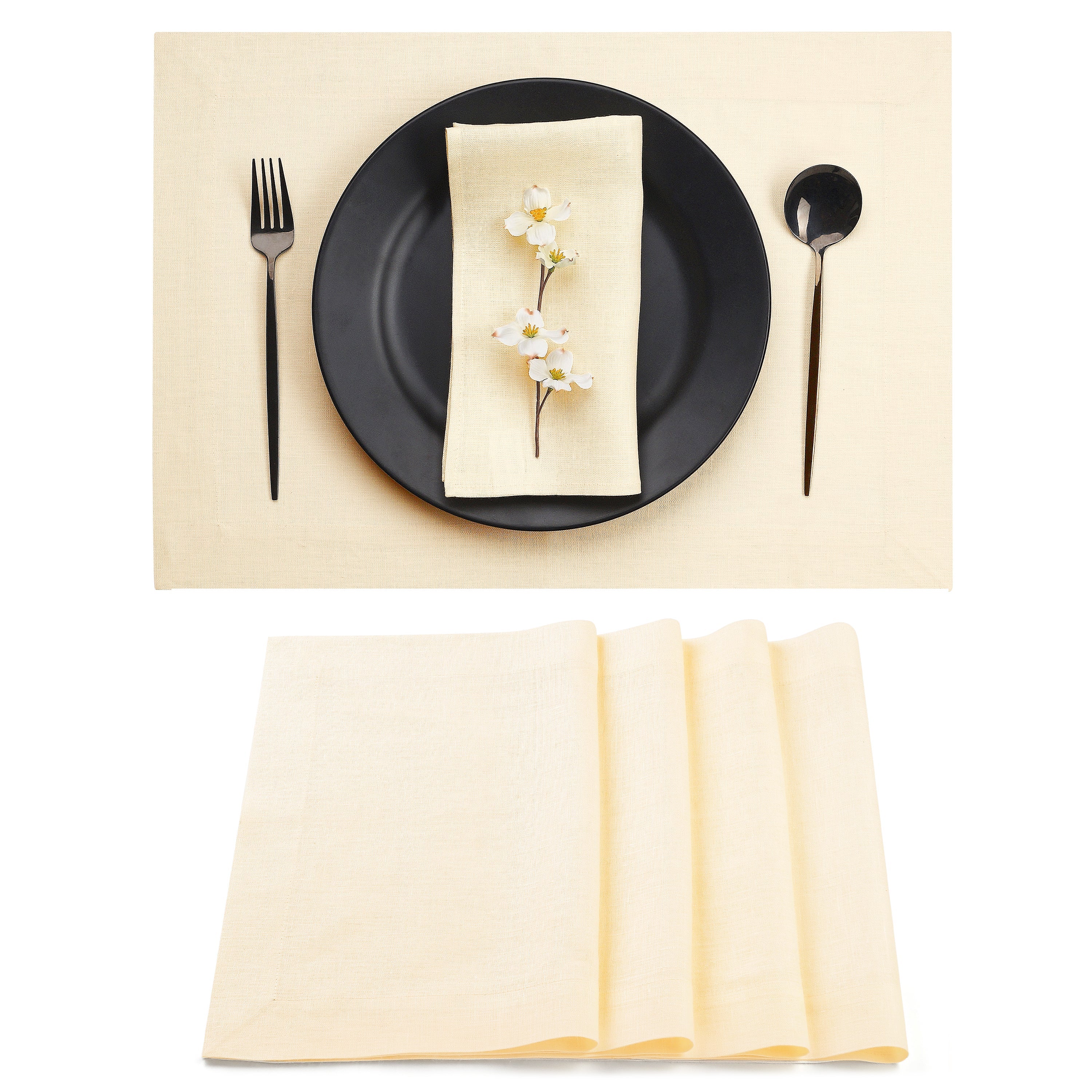 Vanilla Cream Linen Placemats, Hemmed, 14 x 19 inch, 4 pcs