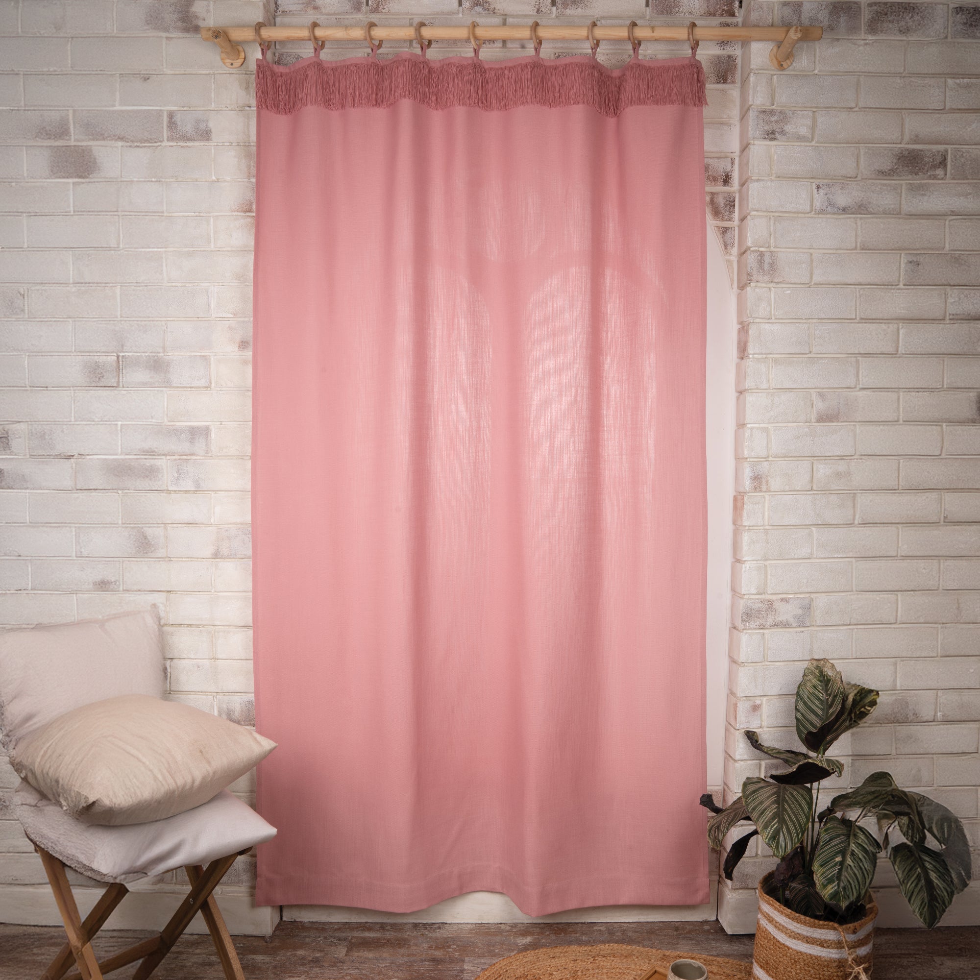 Dusty Pink Faux Linen Fringe Curtain