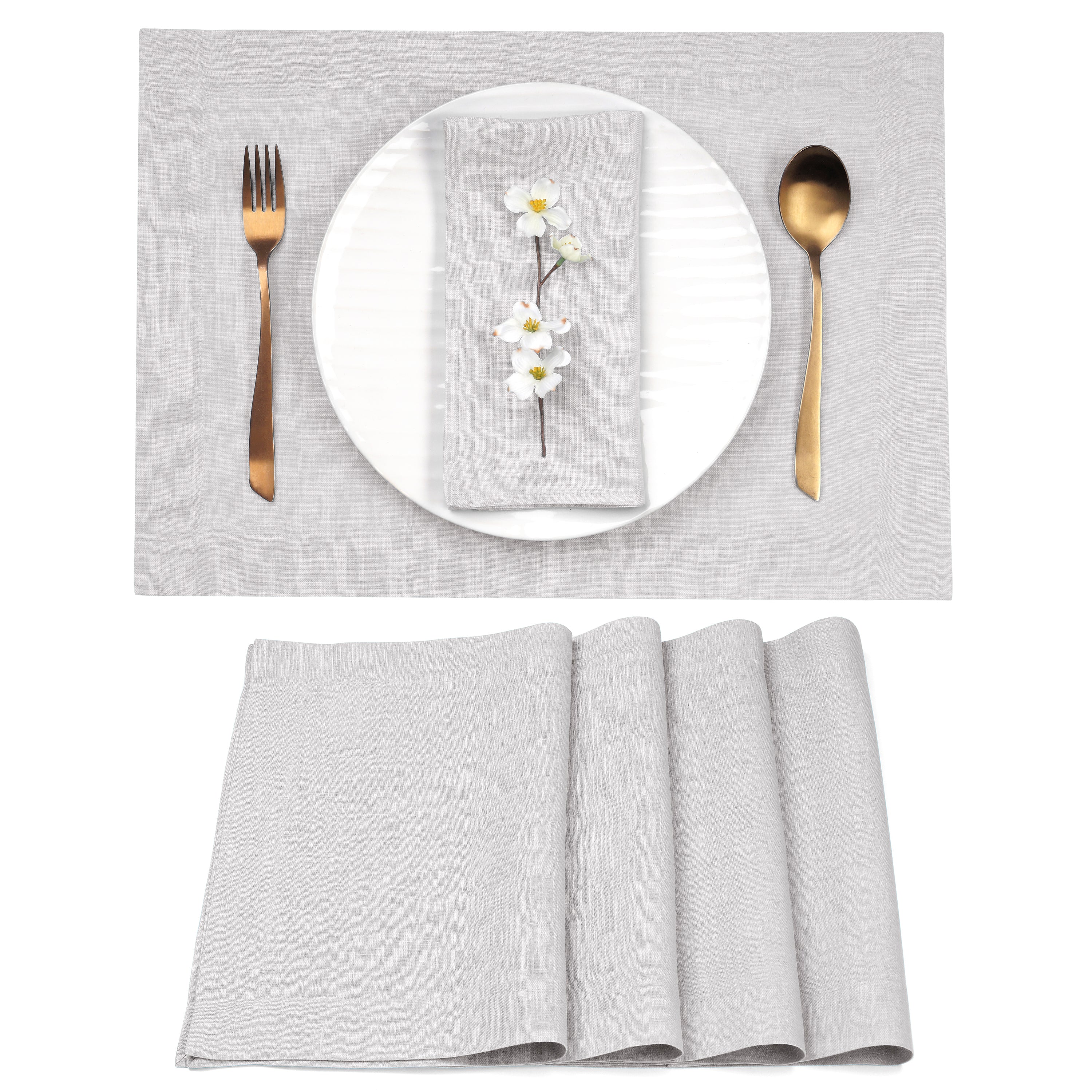 Silver Grey Linen Placemats, Hemmed, 14 x 19 inch, 4 pcs