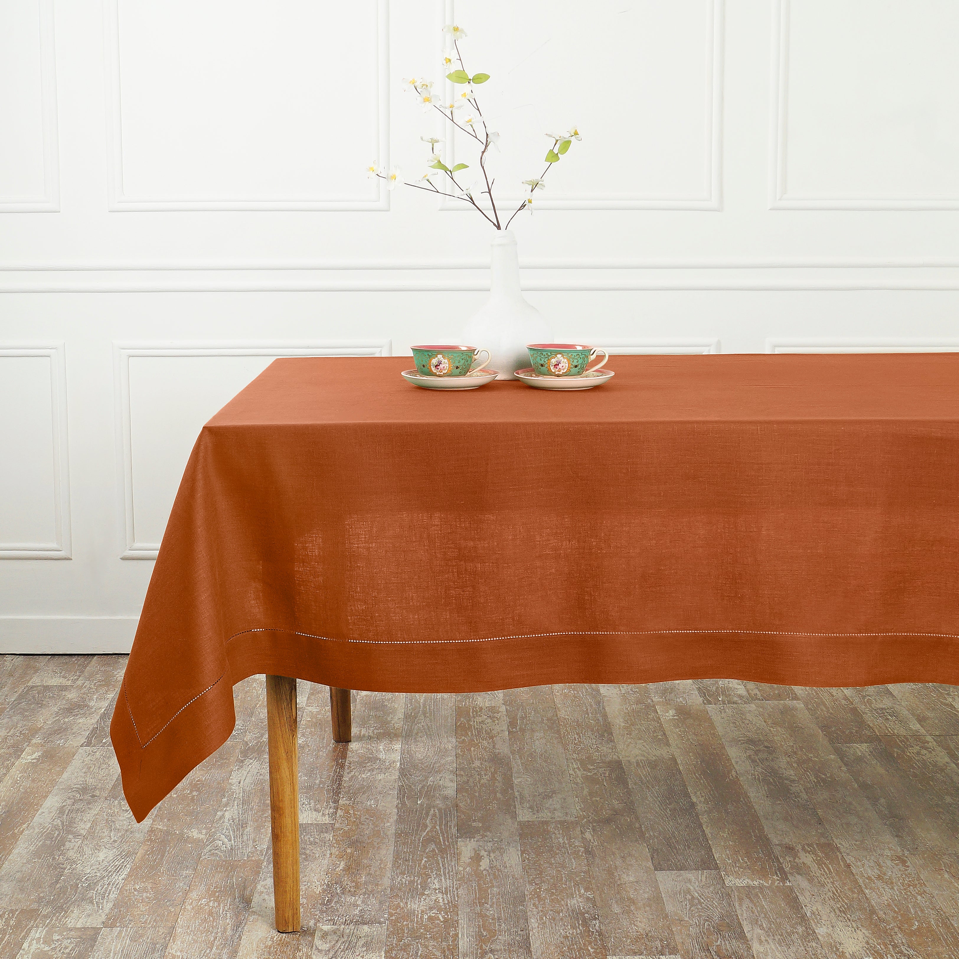 Rust Linen Tablecloth, Hemstitch