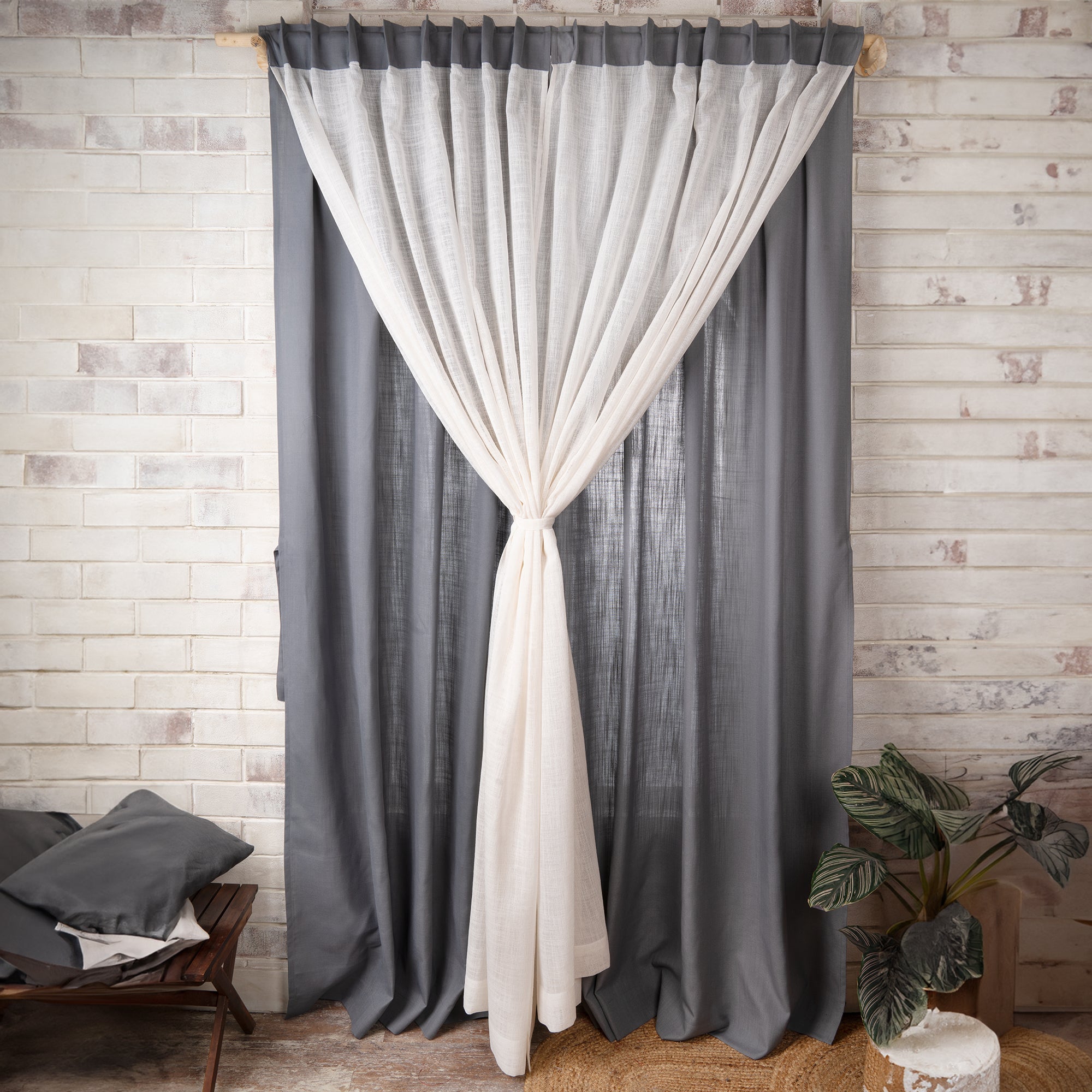 Charcoal Grey Faux Linen with Sheer Jute Overlay Curtain - 