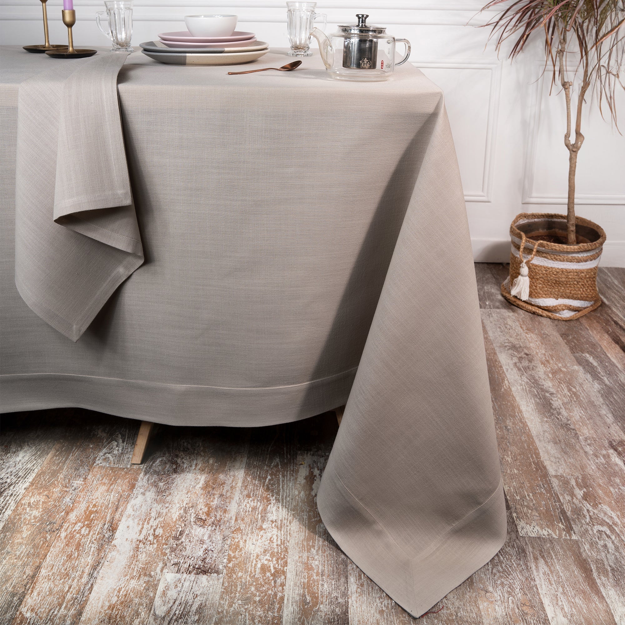 Natural Tablecloth, Faux Linen, Mitered Corner