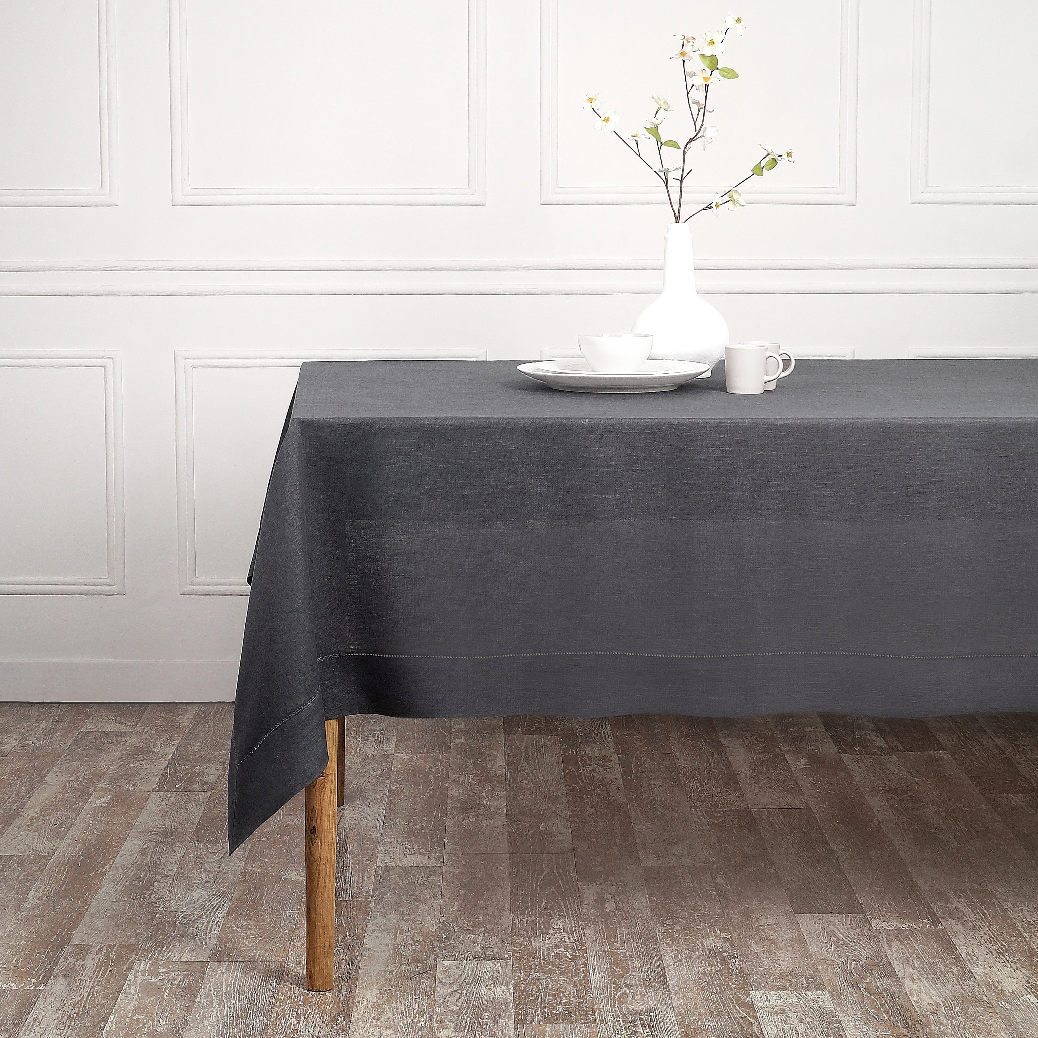 Charcoal Grey Linen Tablecloth, Hemstitch