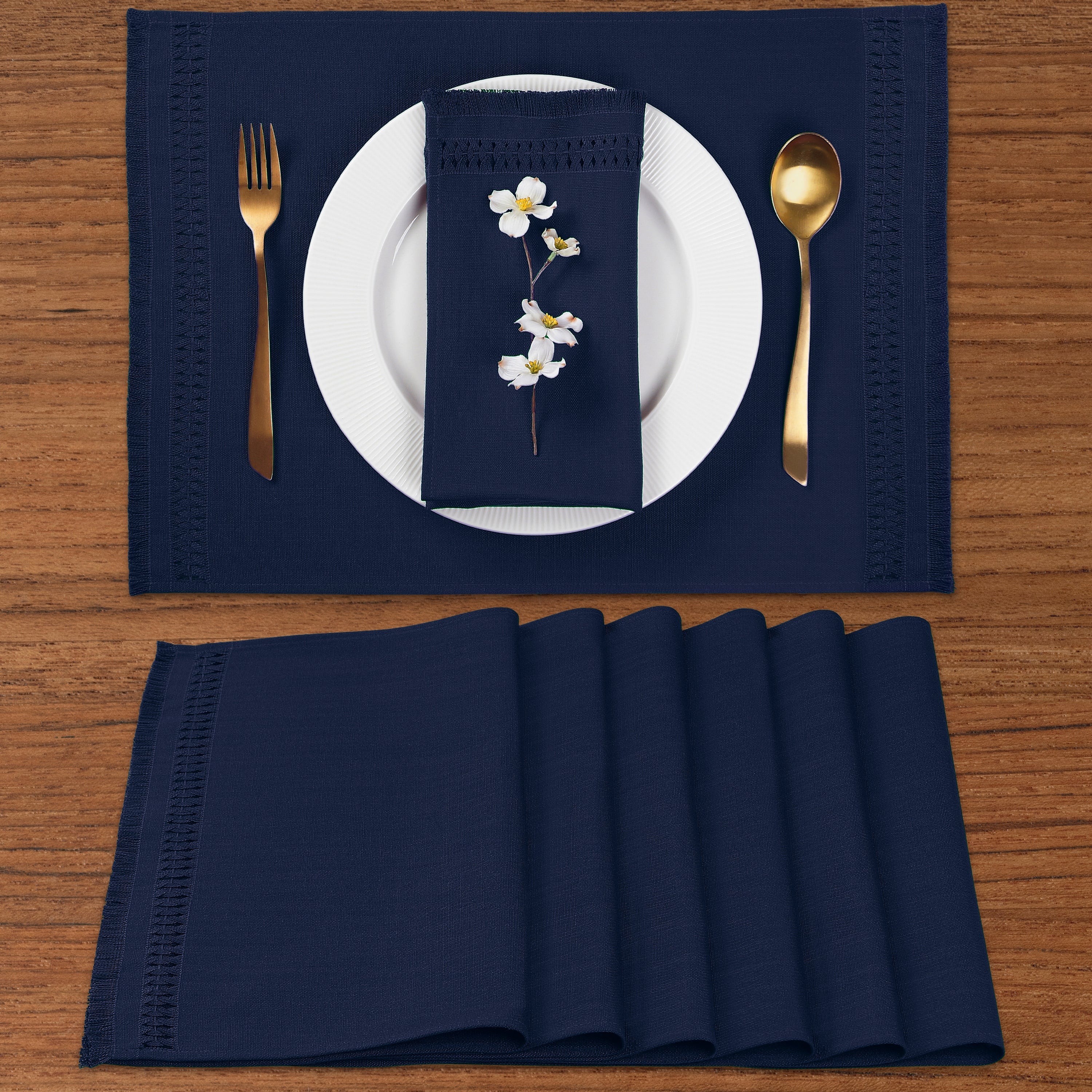 Navy Blue Faux Linen Placemats, Hand Hemstitch, 14 x 19 inch, 6 pcs