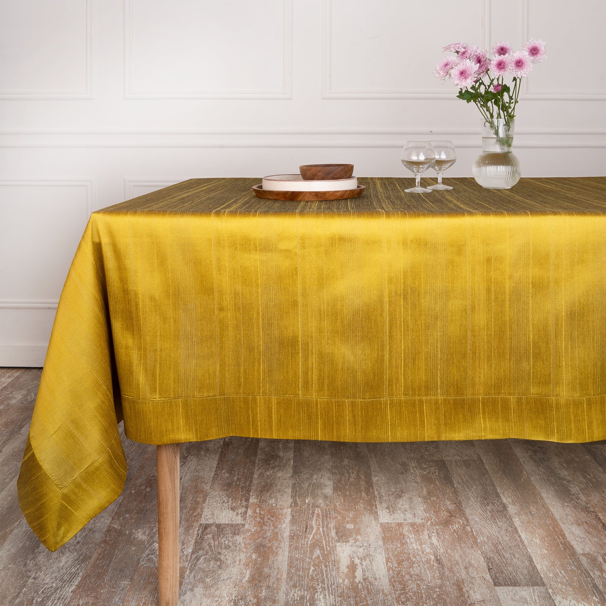 Gold Vegan Silk Tablecloth, Mitered Corner