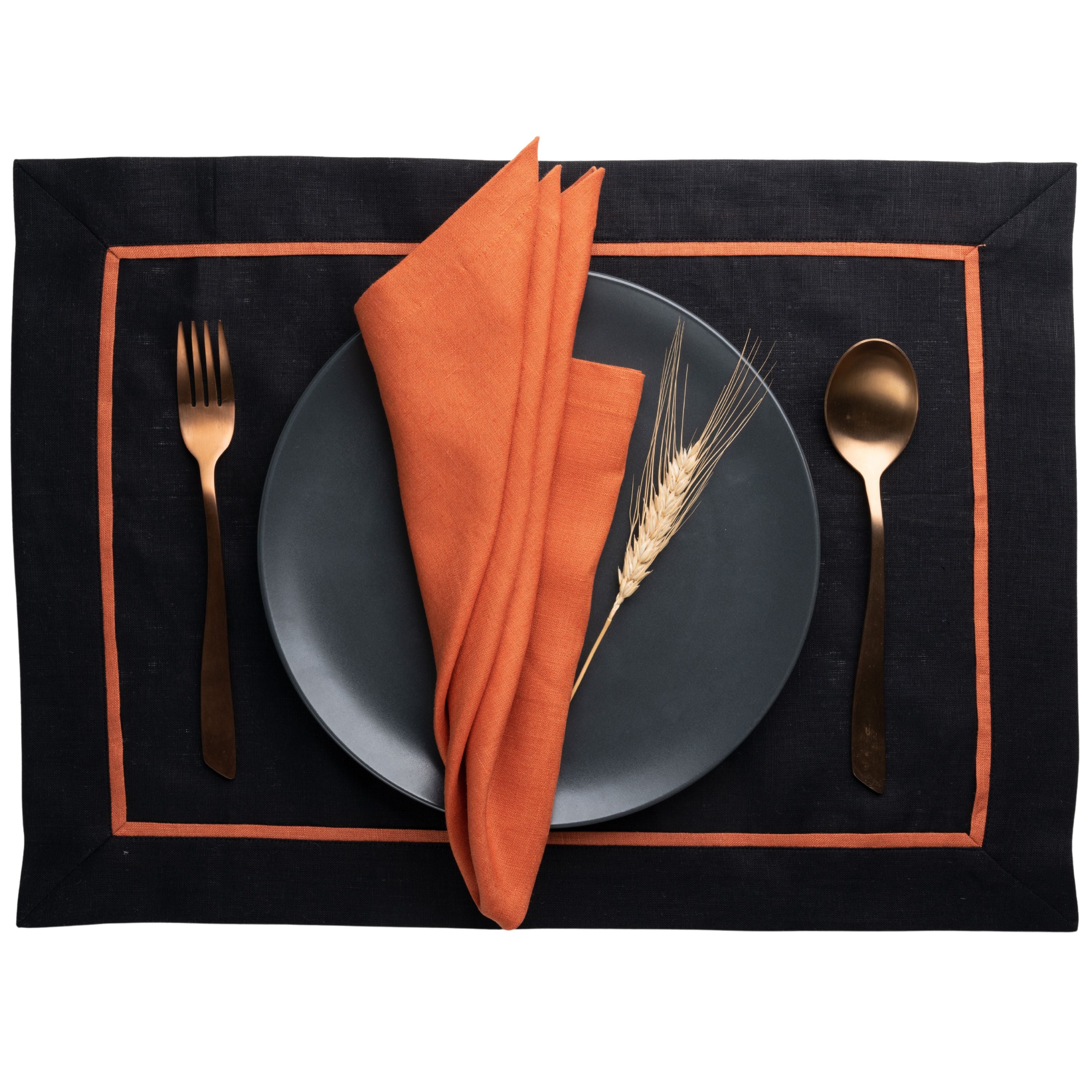 Black and Rust Linen Placemats, Reversible, 14 x 19 inch, 4 pcs