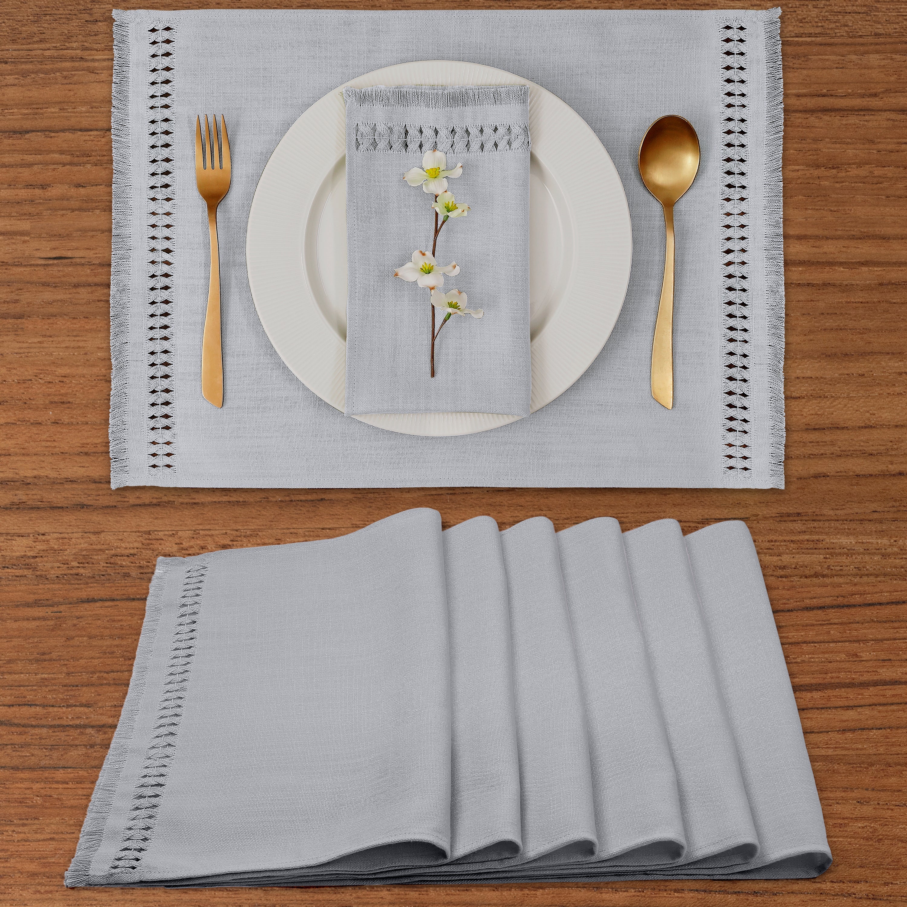 Light Grey Faux Linen Placemats, Hand Hemstitch, 14 x 19 inch, 6 pcs