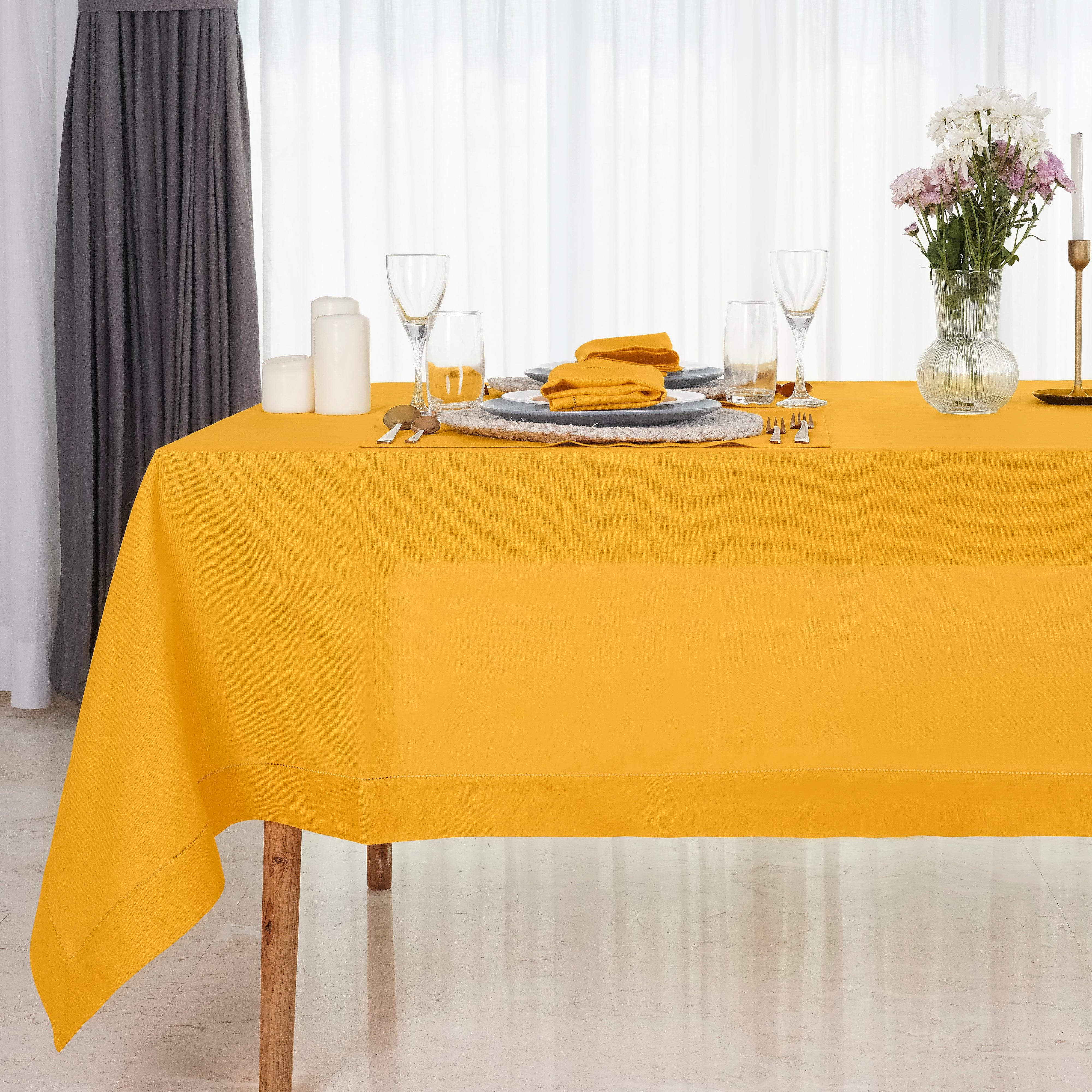 Sunflower Yellow Linen Tablecloth, Hemstitch