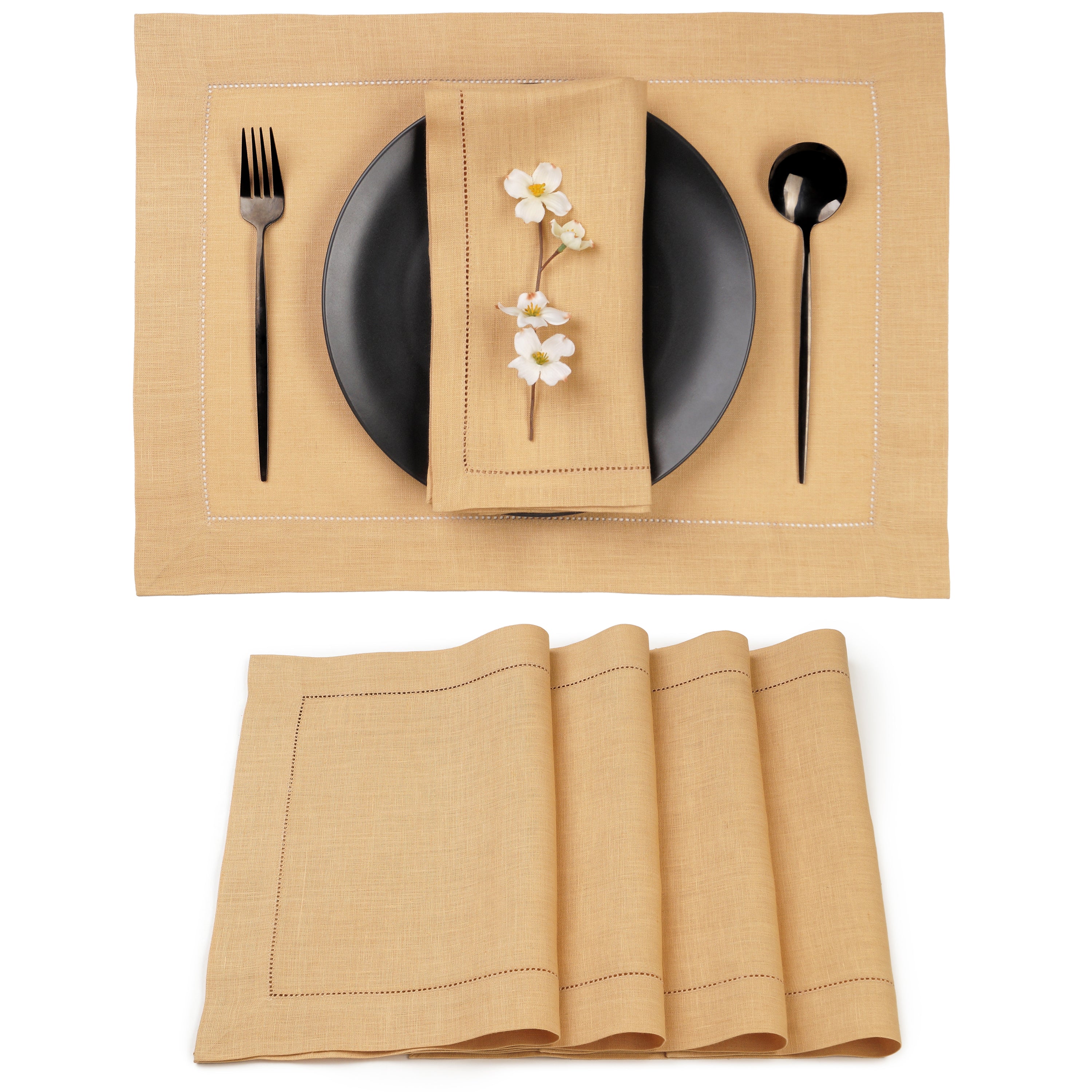 Beige Linen Placemats, Hemstitch, 14 x 19 inch, 4 pcs