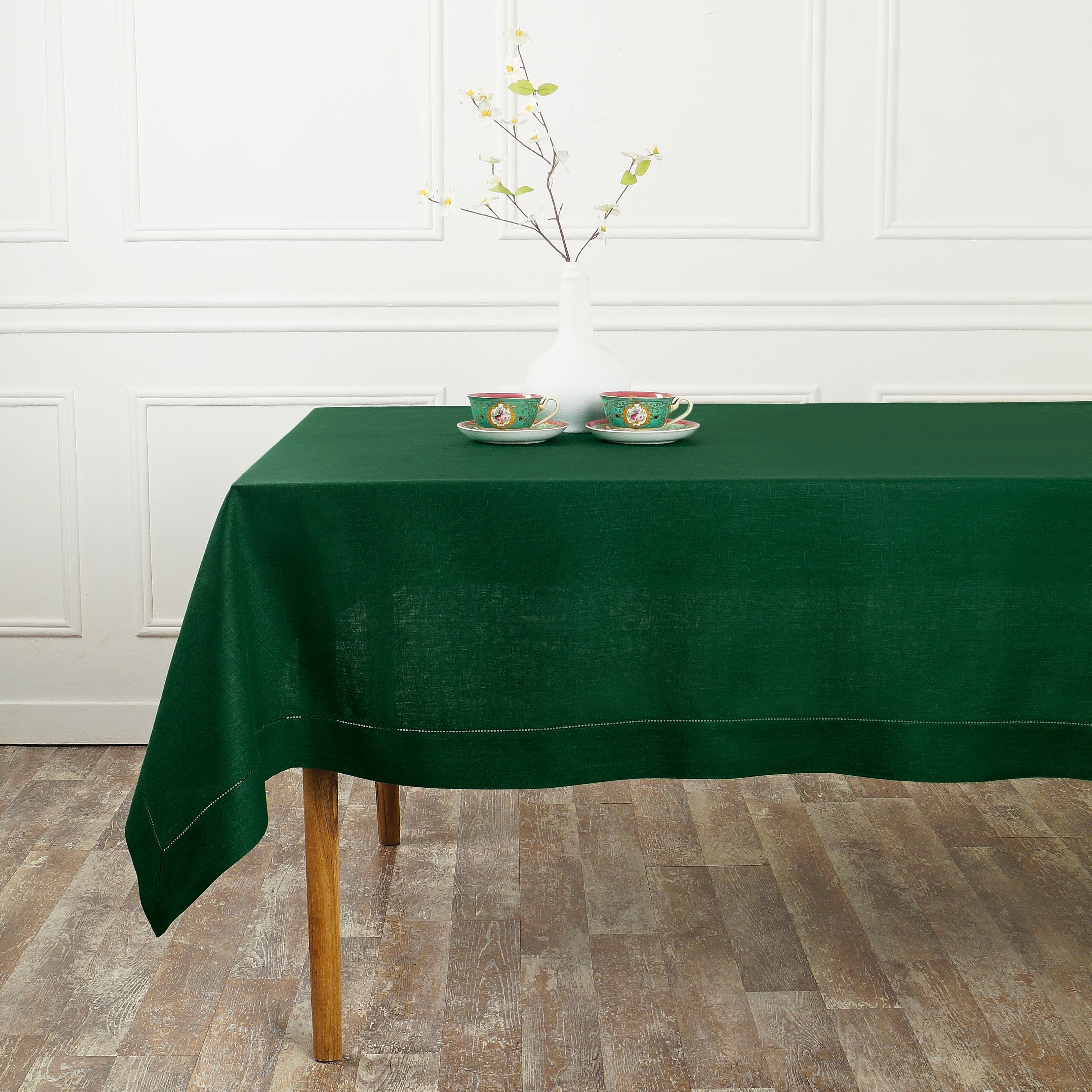 Eden Green Linen Tablecloth, Hemstitch