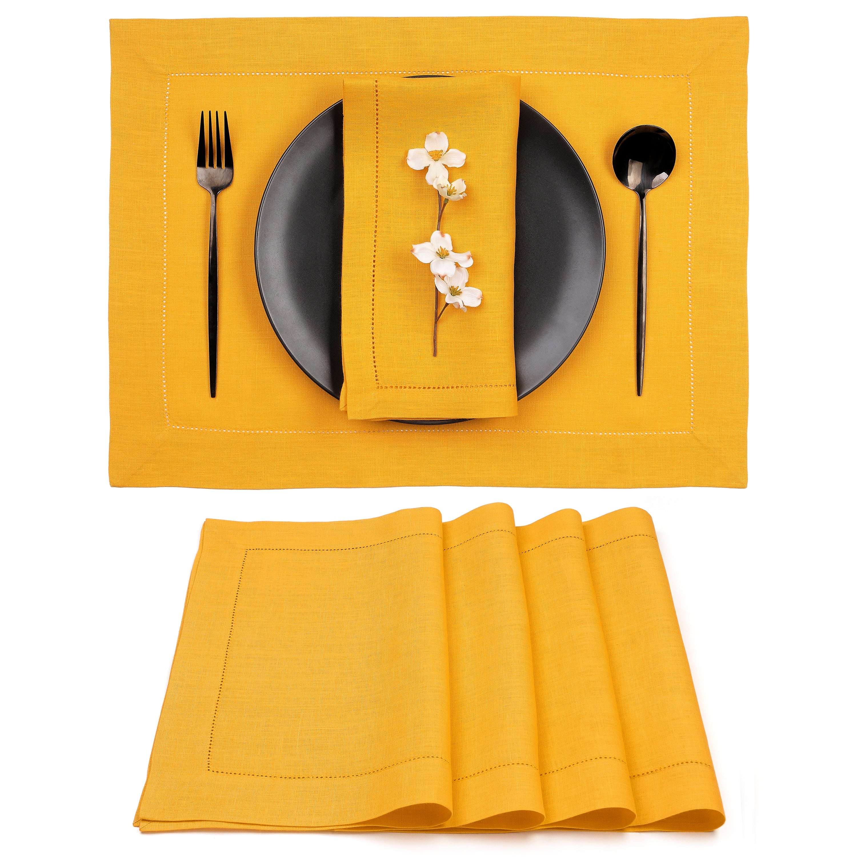 Sunflower Yellow Linen Placemats, Hemstitch, 14 x 19 inch, 4 pcs