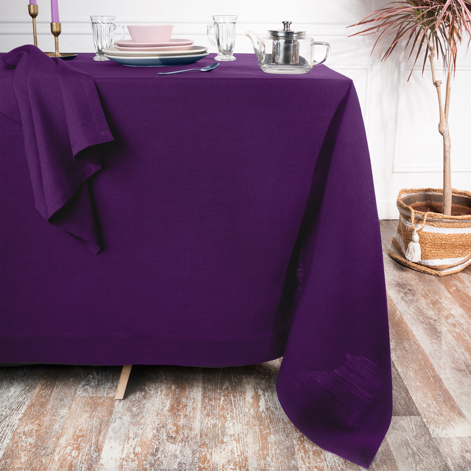 Purple Tablecloth, Faux Linen, Mitered Corner