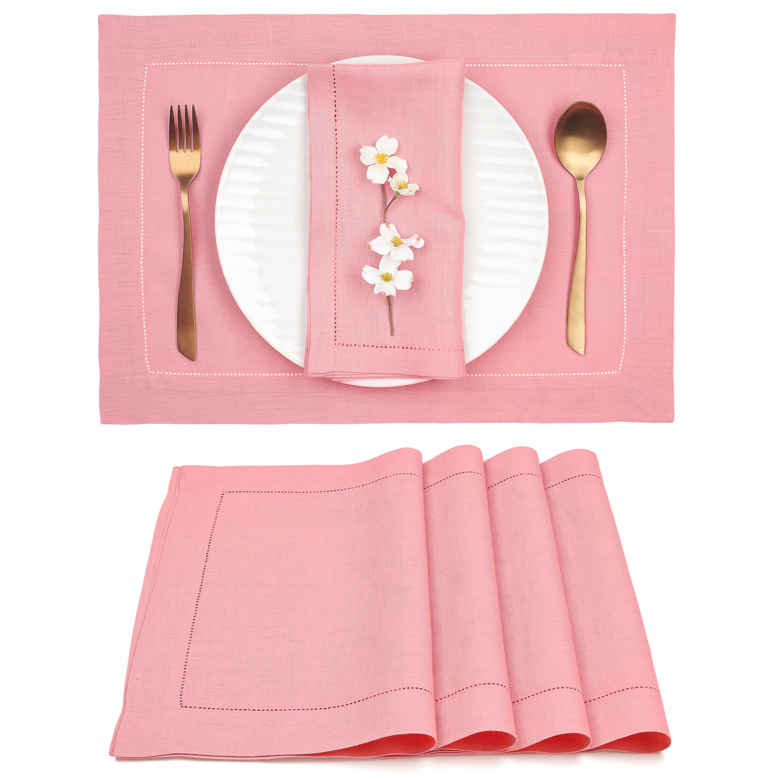 Dusty Pink Linen Placemats, Hemstitch, 14 x 19 inch, 4 pcs